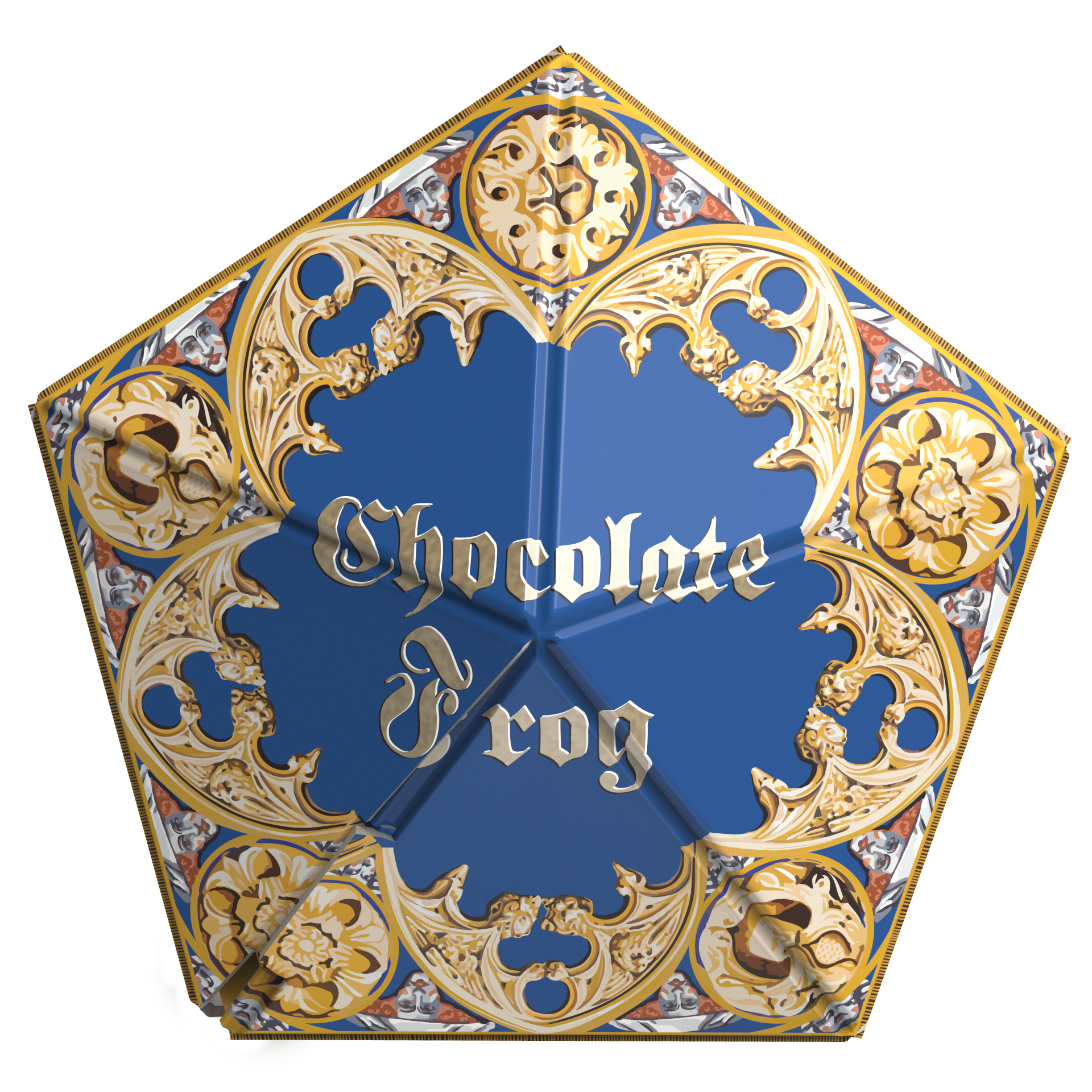 Pięciokątne pudełko z ozdobnymi złotymi wzorami i niebieskim centralnym panelem. Widnieje napis 'Chocolate Frog' złotymi literami.