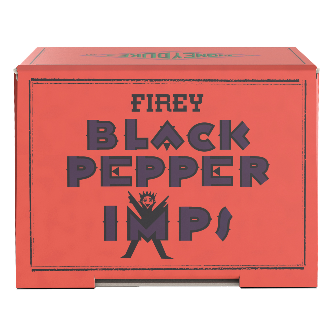 Czerwone pudełko z napisem 'FIREY BLACK PEPPER IMPS'. W środku znajduje się rysunkowy chochlik. Pudełko ma czarną obwódkę.