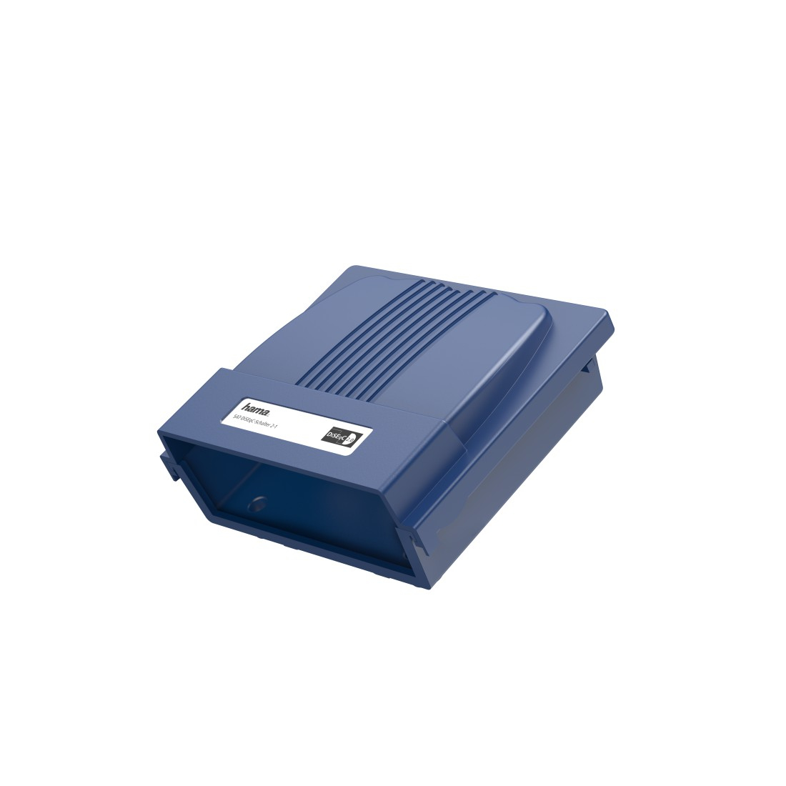 Ein blauer Hama-Satellitenempfänger. Er hat einen geriffelten Oberteil und einen rechteckigen Körper mit einem Etikett.