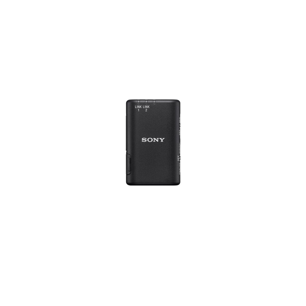 Ein schwarzer drahtloser Sony-Mikrofonempfänger. Er hat Anzeigen, einen Netzschalter und eine kleine Taste an der Seite. Der Hintergrund ist weiß.