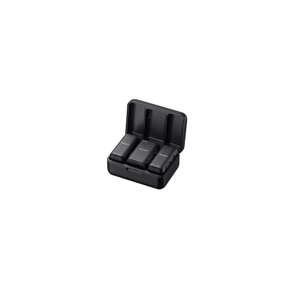 Drei schwarze kabellose Sony-Mikrofonempfänger in einem schwarzen Gehäuse. Das Gehäuse ist geöffnet, alle drei sind sichtbar.