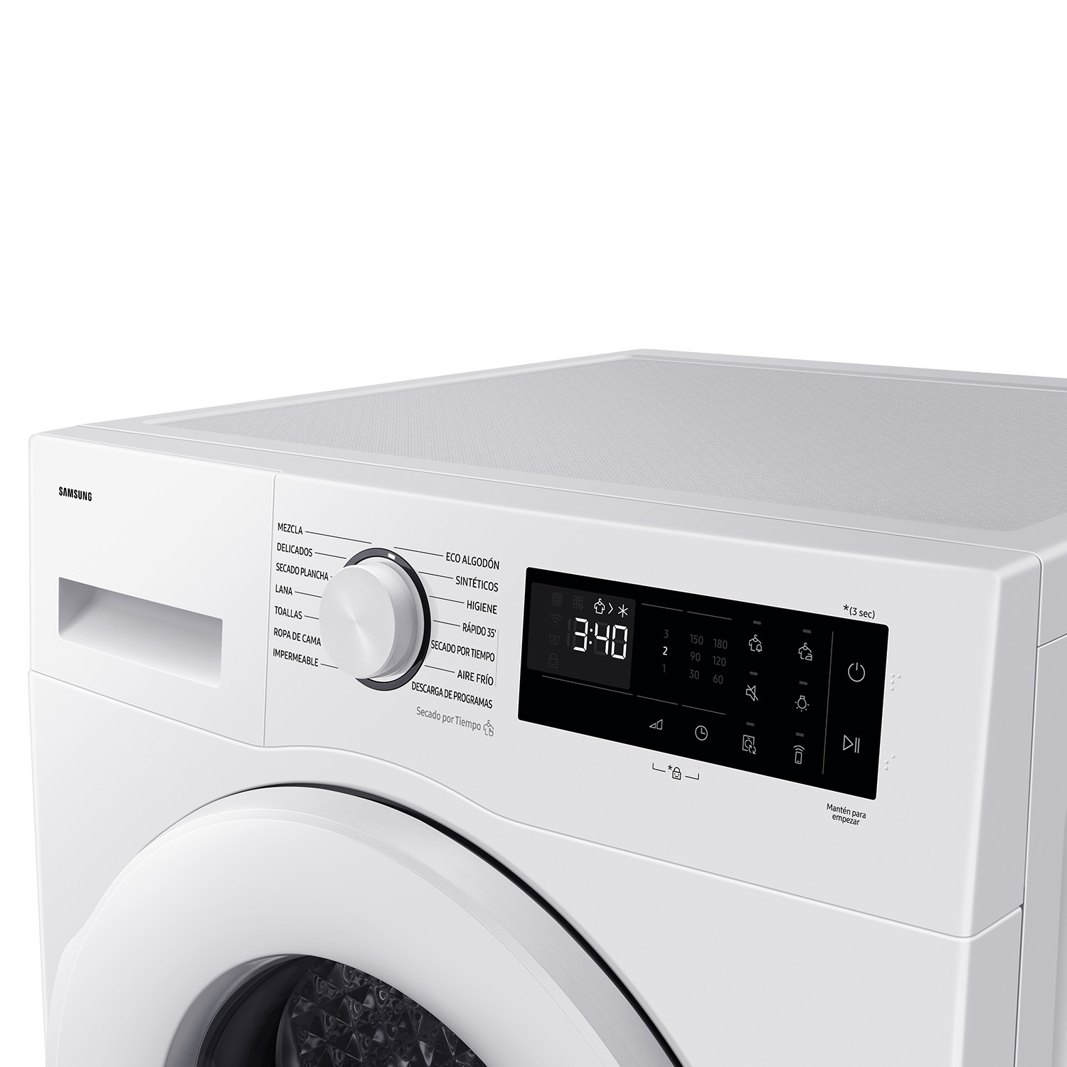 Biała pralka Samsung z panelem sterowania i pokrętłem. Wyświetlacz pokazuje 3:40. Pokrętło wskazuje programy prania.