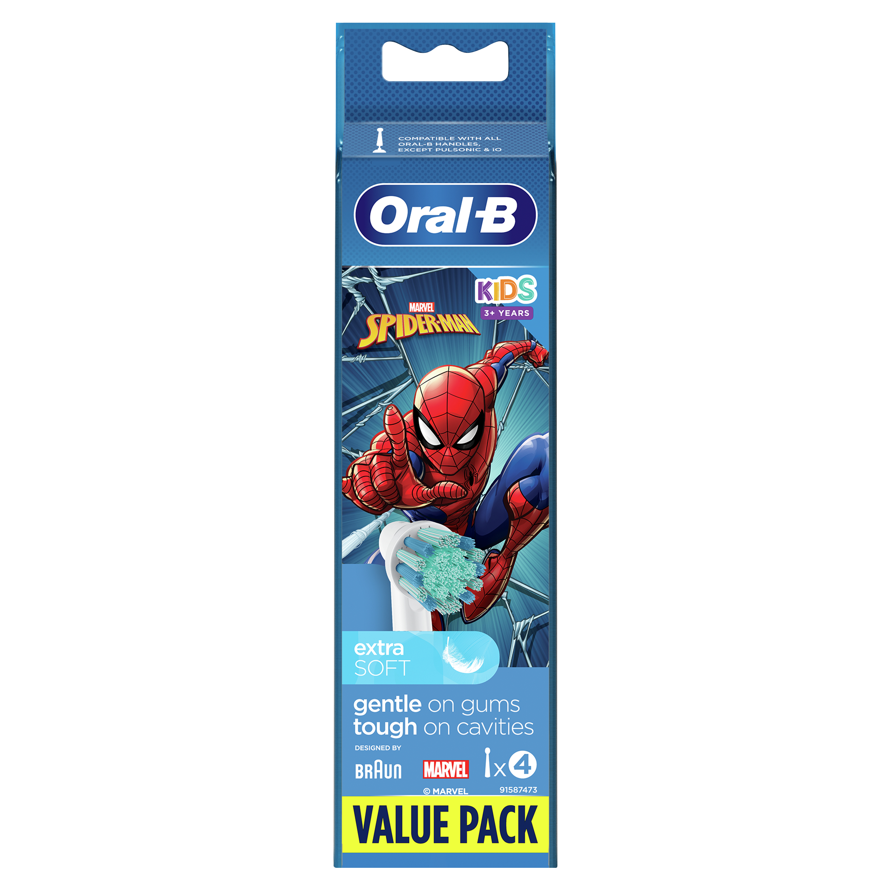 Opakowanie do głowic szczoteczki do zębów Oral-B Kids z Spider-Manem. Zawiera tekst i logo marki i Marvel.