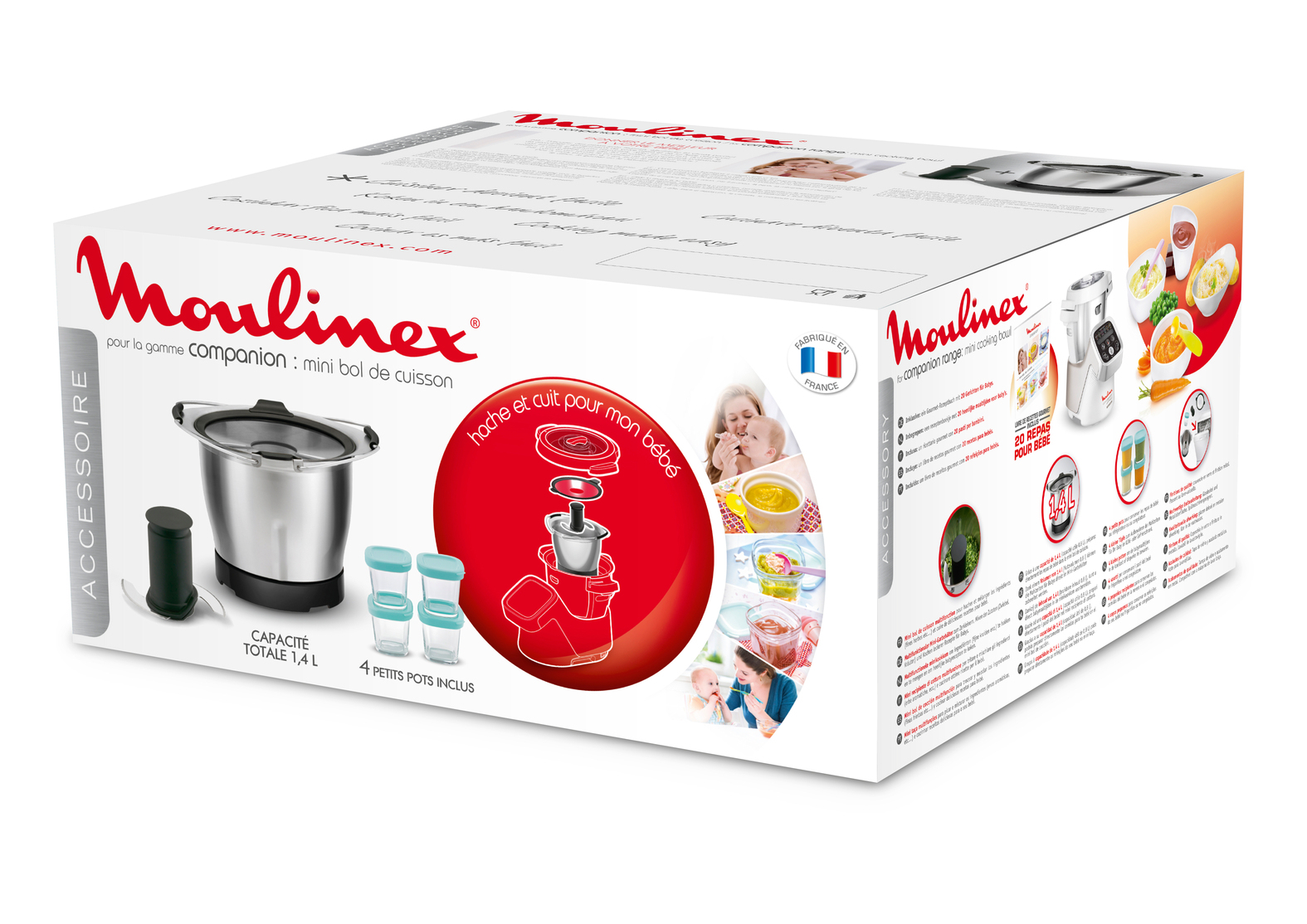 Pudełko do przygotowywania jedzenia dla niemowląt Moulinex. Pokazuje produkt, dziecko z jedzeniem i obrazy przygotowania.