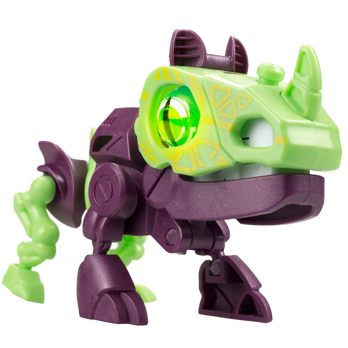 Un juguete de rinoceronte robótico verde y morado. Tiene un ojo verde grande, un cuerno y extremidades articuladas. El fondo es blanco.