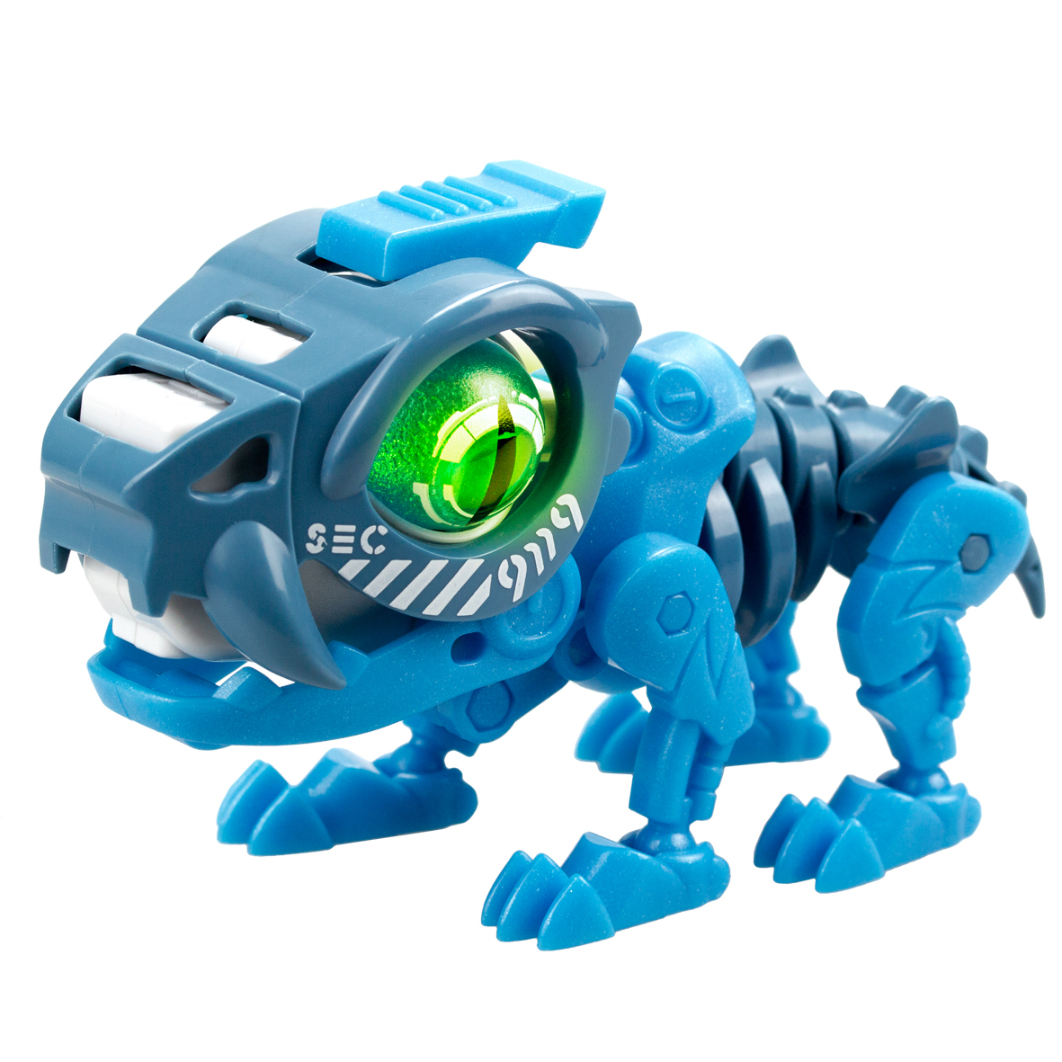 Un juguete de dinosaurio robótico azul y gris con un ojo verde brillante. Tiene dientes afilados y está sobre un fondo blanco.