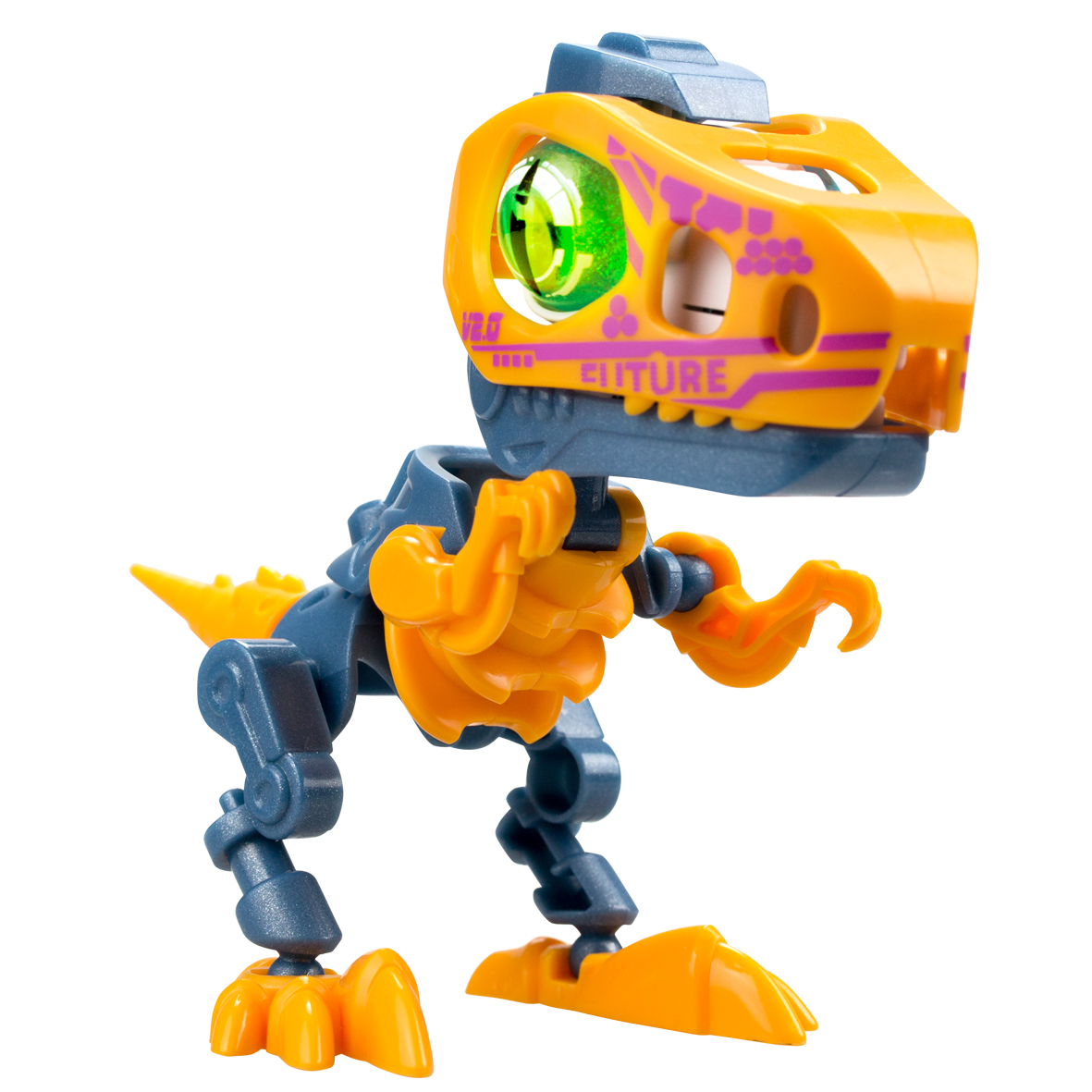 Un juguete de dinosaurio robot con una combinación de colores naranja y azul. Tiene una cabeza grande con un ojo verde brillante y la palabra 'FUTURE'.