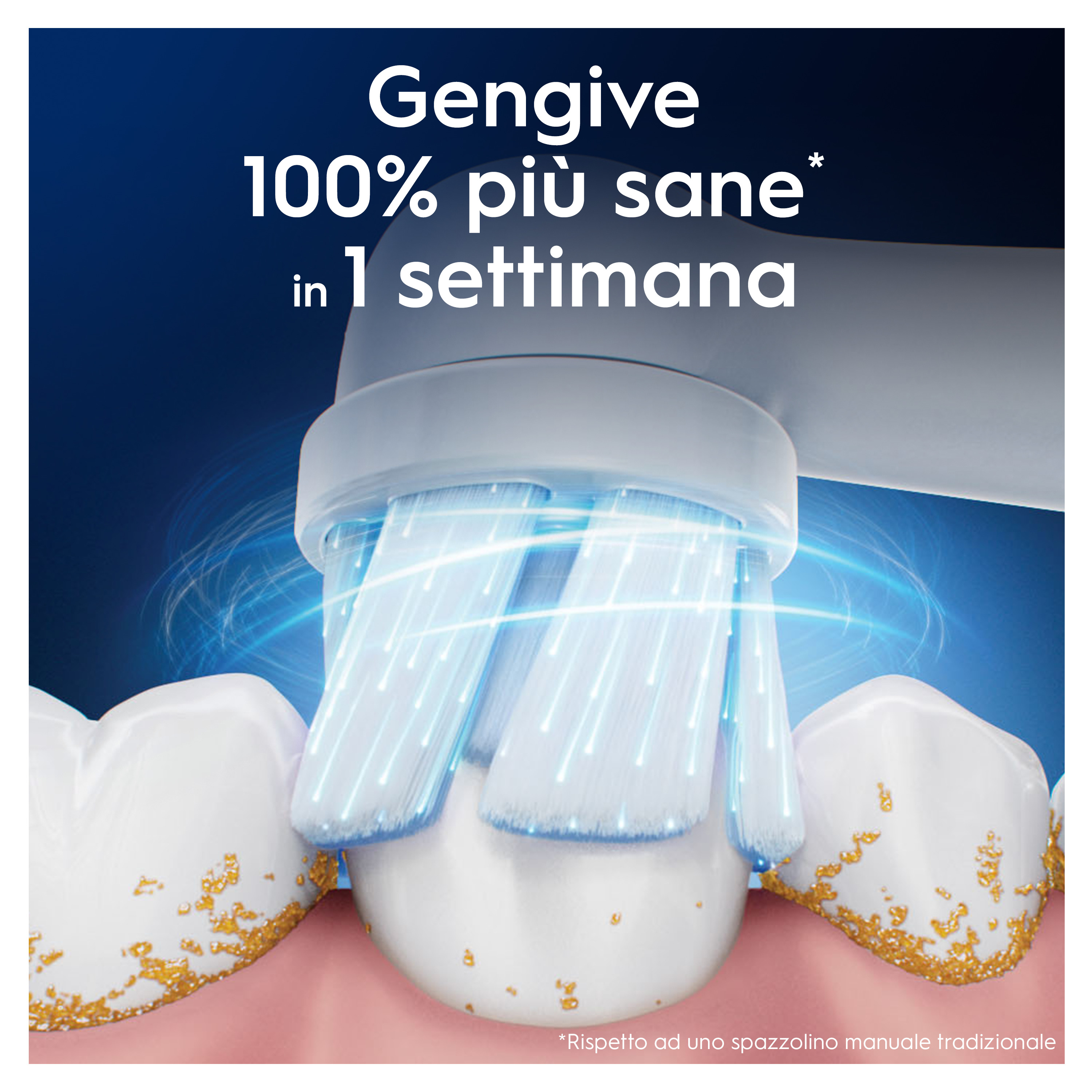 Szczoteczka elektryczna czyści zęby. Tekst: '100% zdrowsze dziąsła w 1 tydzień'.