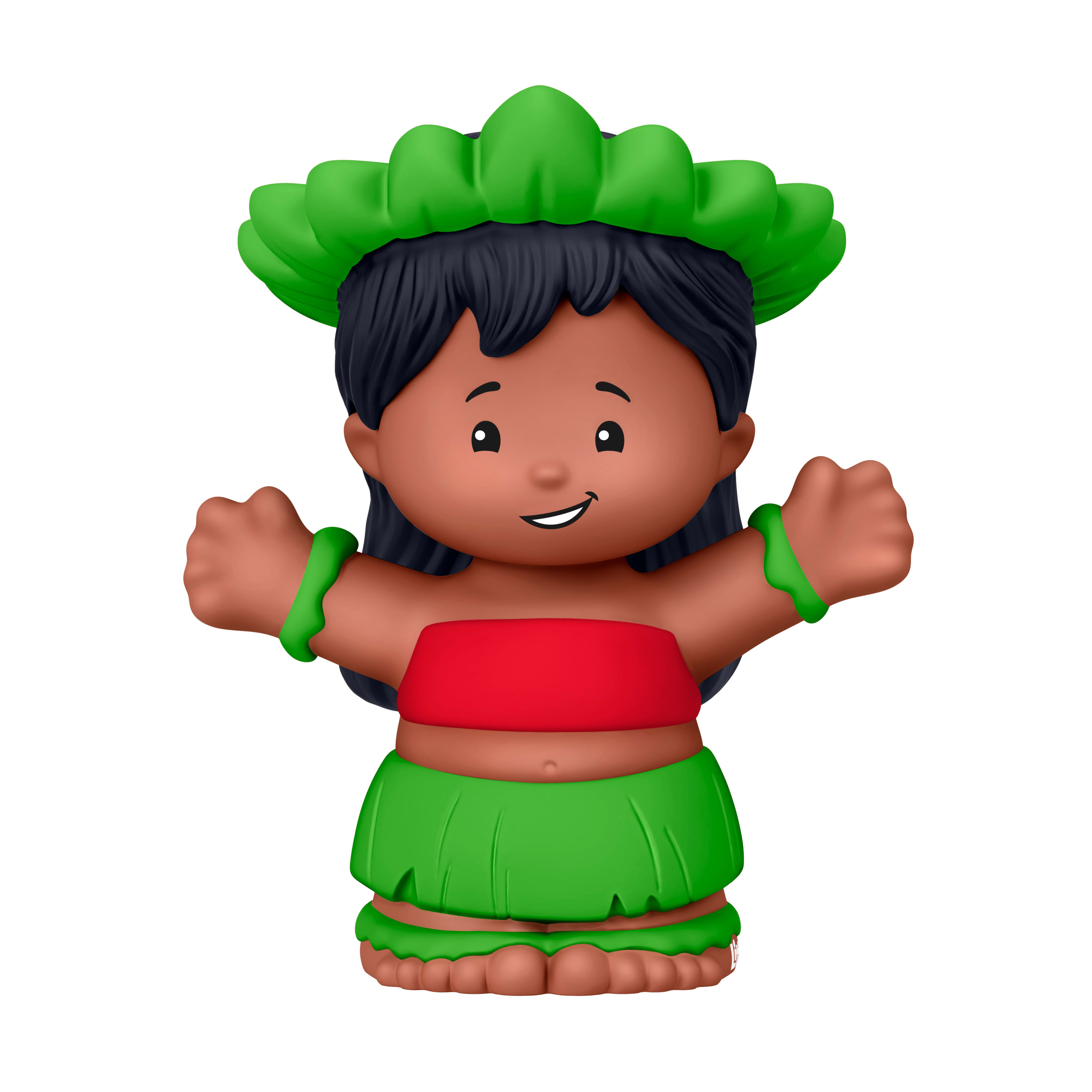 Kreskówkowa postać dziewczyny w zielonej spódnicy i nakryciu głowy, czerwonym topie i wyciągniętych ramionach.