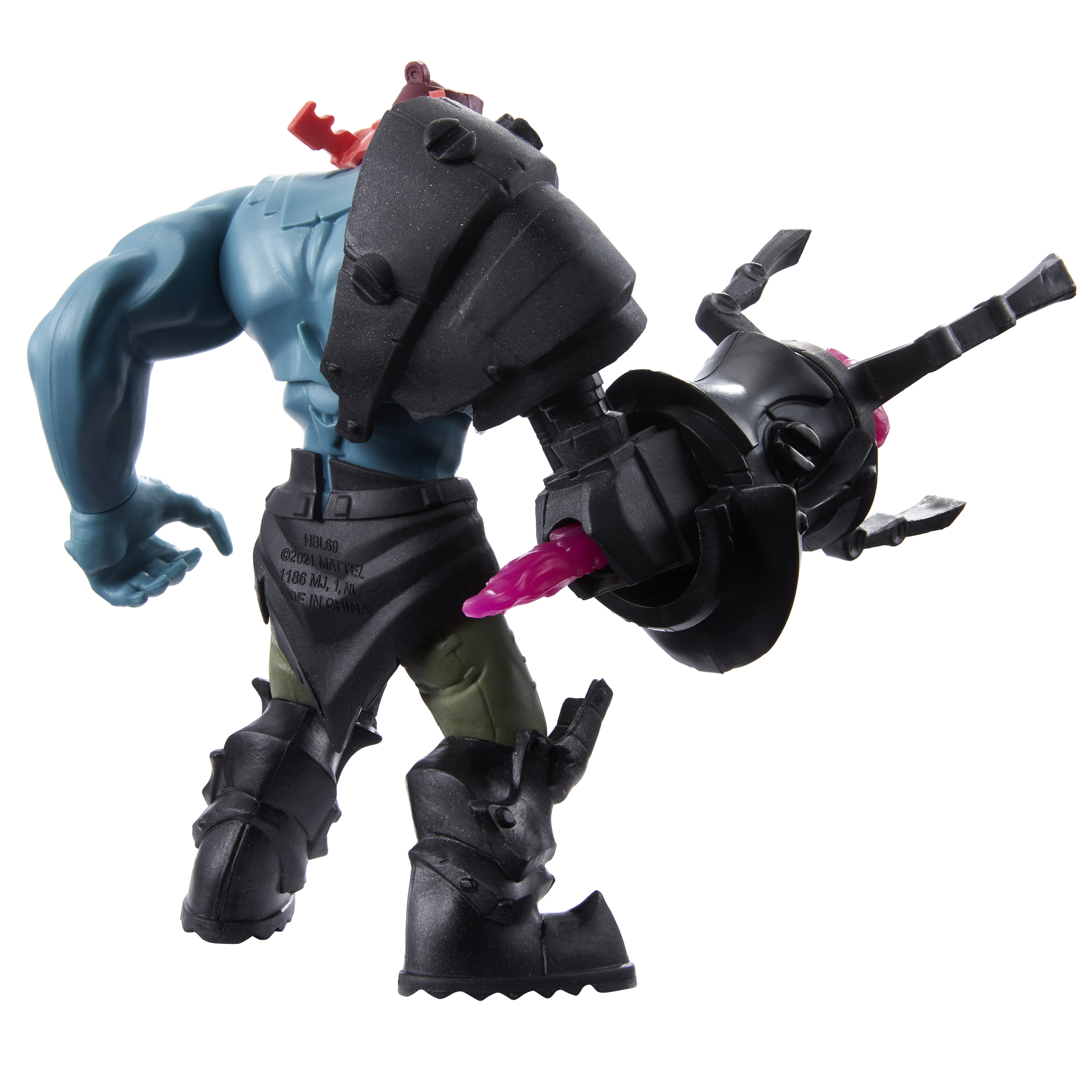 Eine blaue Actionfigur mit schwarzer Rüstung und Waffe, ein zungenartiges Objekt erstreckt sich. Der Hintergrund ist weiß.