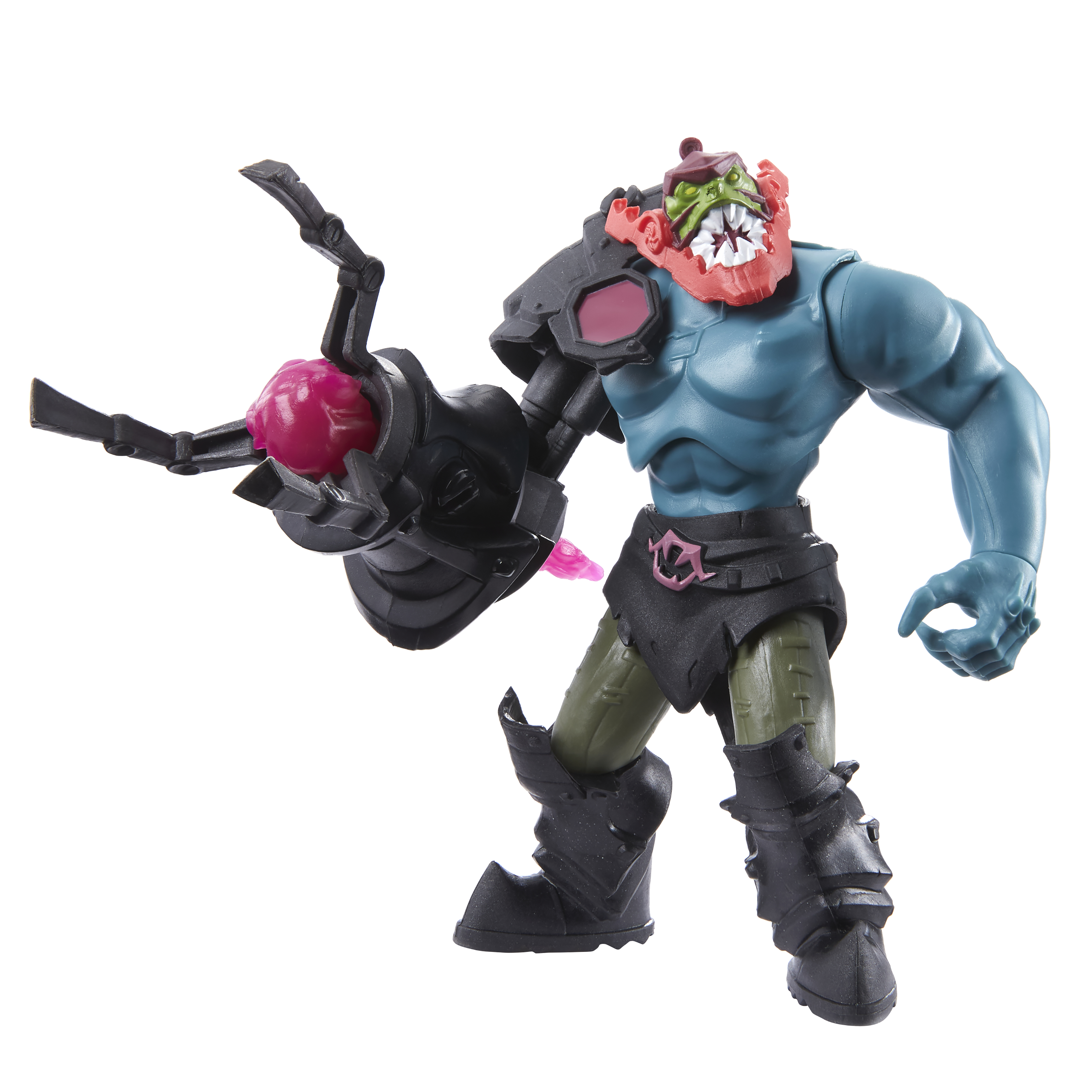 Eine He-Man-Bösewicht-Actionfigur. Sie hat blaue Haut, ein rotes Gesicht mit einem grünen Kopf und einen großen schwarzen Klauenarm. Sie ist isoliert.