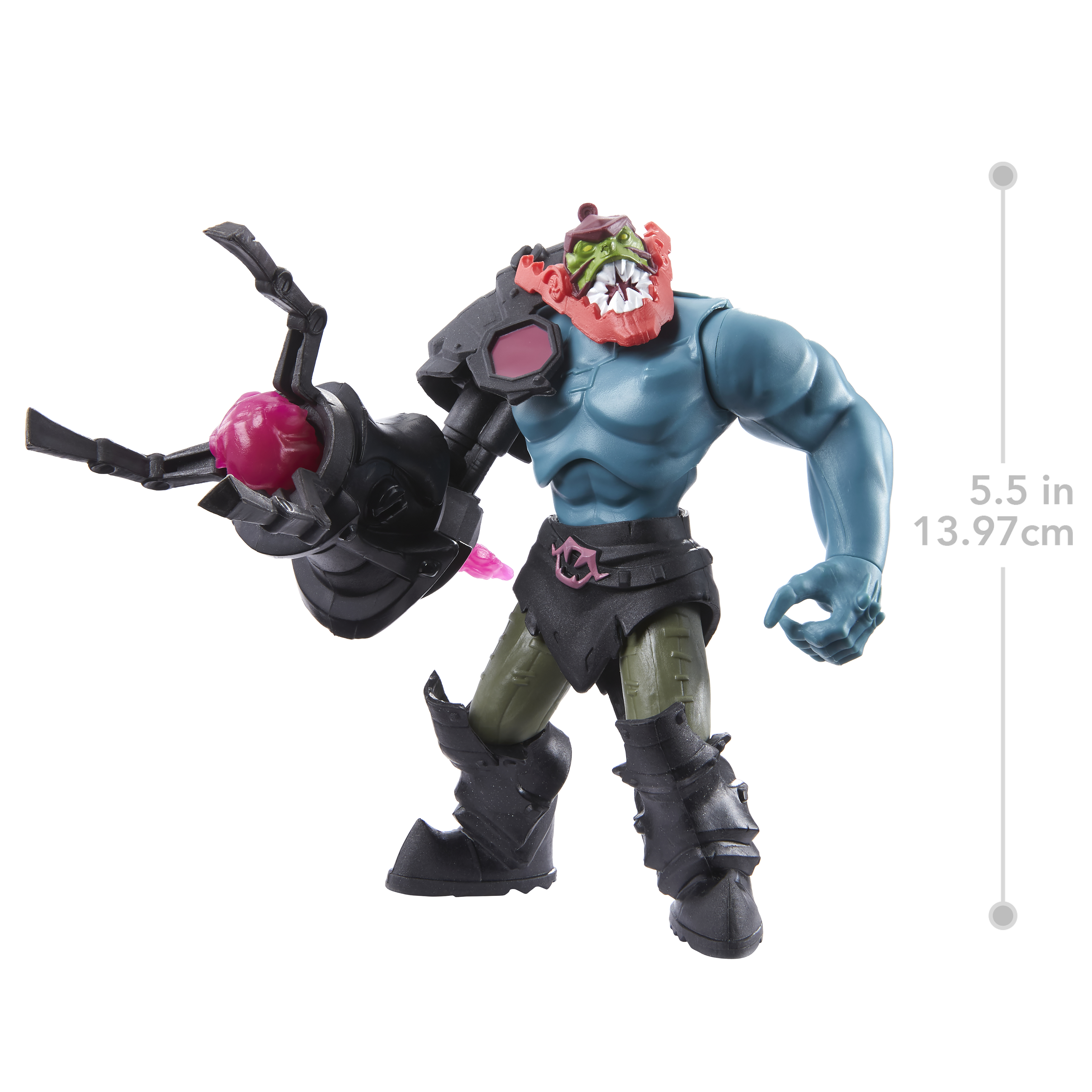 Actionfigur eines Monsters mit einer schwarzen Waffe. Es hat blaue Haut, grüne Beine und einen rot-grünen Kopf.