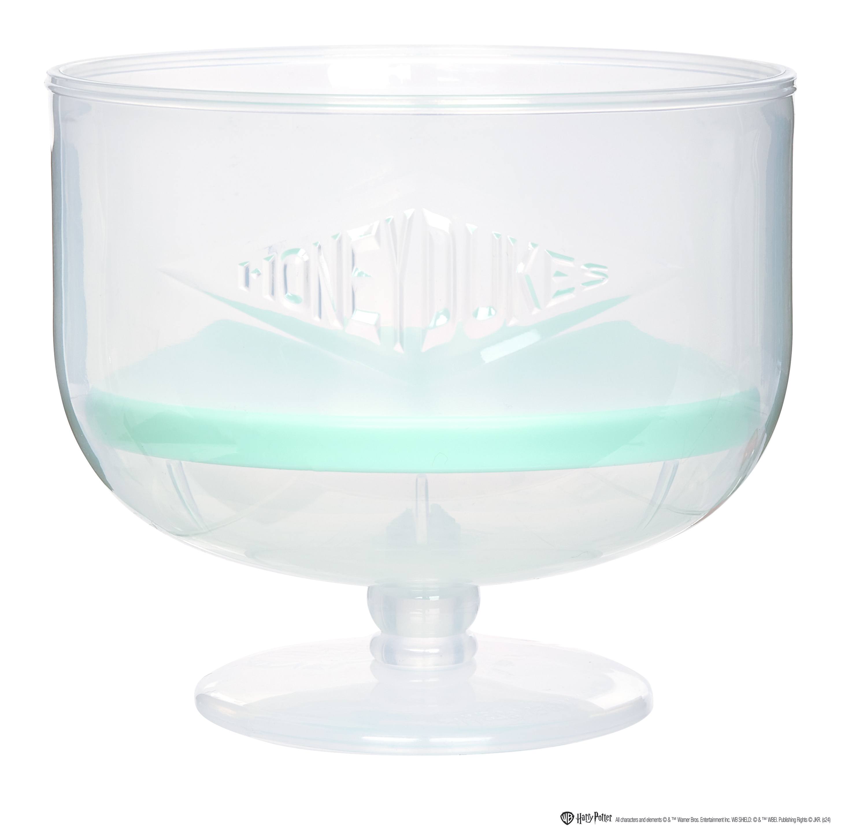 Przezroczysty pojemnik w kształcie kielicha z miętowo-zieloną warstwą wewnętrzną i logo Honeydukes na białym tle.