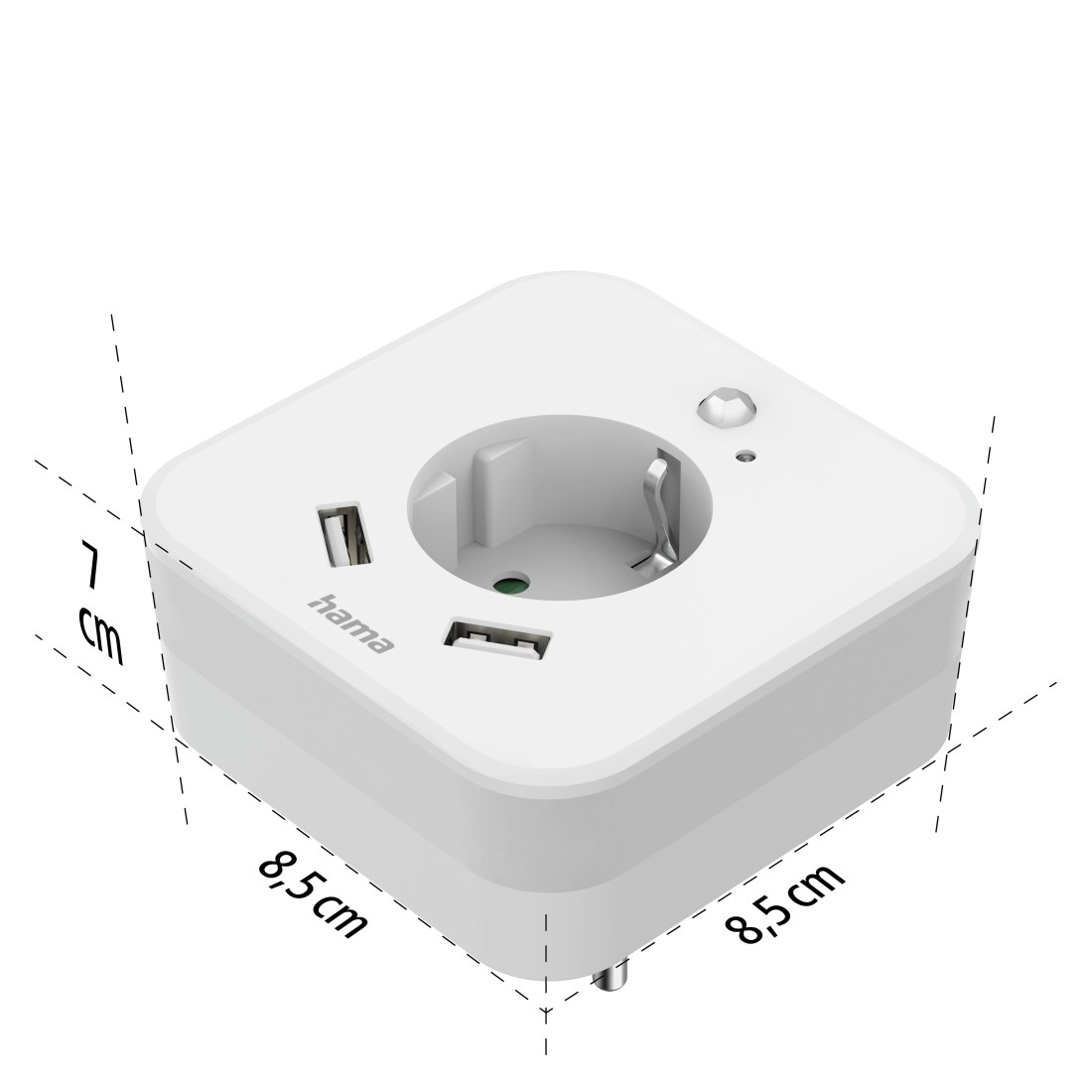 Ein weißer Hama-Netzadapter mit Steckdose, zwei USB-Anschlüssen und Maßangaben. Der Adapter ist 8,5 cm x 8,5 cm x 7 cm groß.