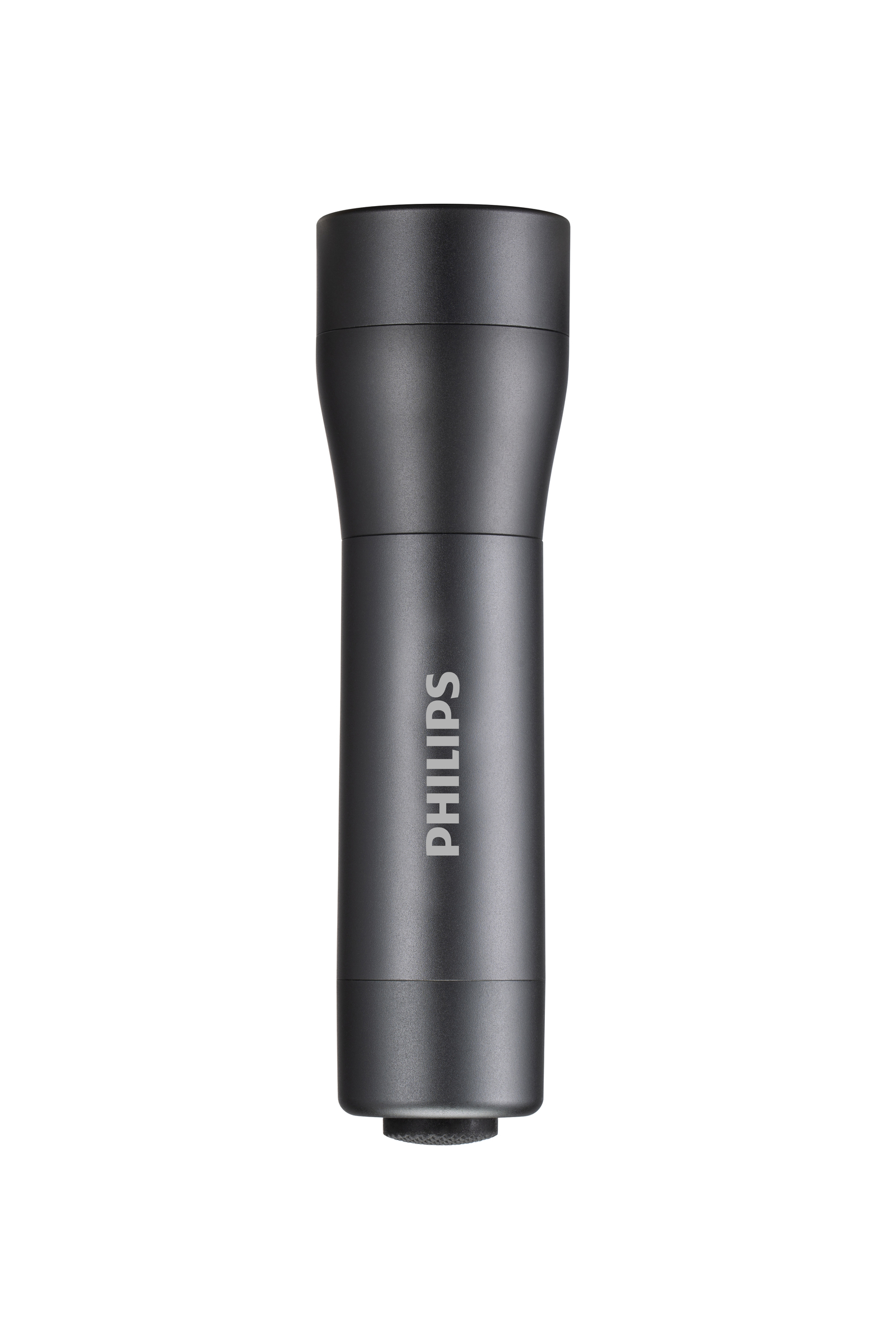 Una torcia grigia Philips su sfondo bianco. Ha forma cilindrica e il marchio è visibile.