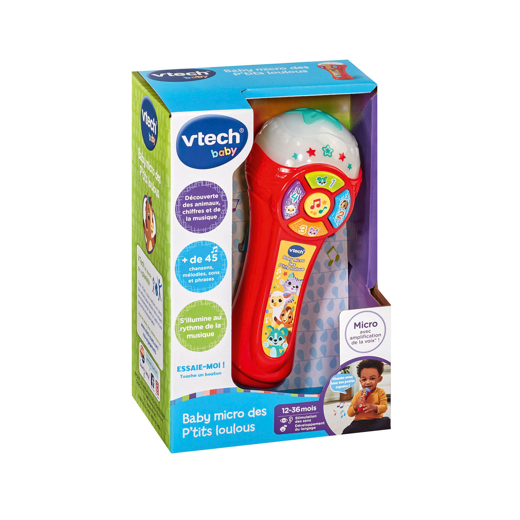 Un juguete de micrófono VTech Baby en su caja. Es rojo, blanco y azul, con botones e imágenes para niños.