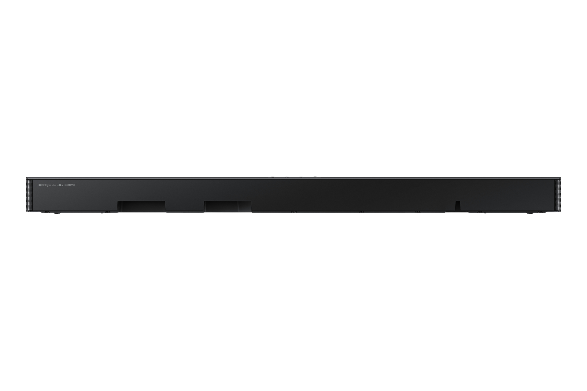 Eine schwarze Soundbar mit Dolby Audio-, DTS- und HDMI-Logos auf weißem Hintergrund. Sie hat mehrere Aussparungen.
