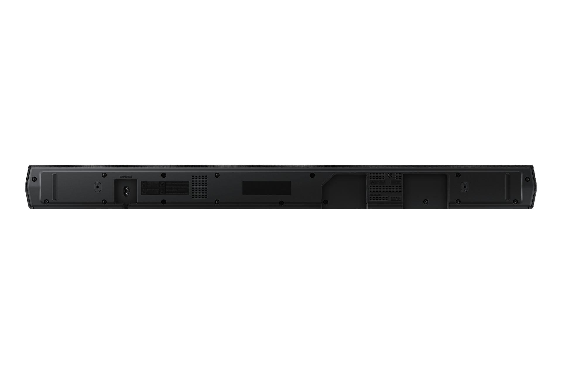 Schwarze Soundbar, die Rückseite ist sichtbar, mit verschiedenen Anschlüssen und Steckern, einschließlich Stromeingang und HDMI. Weißer Hintergrund.