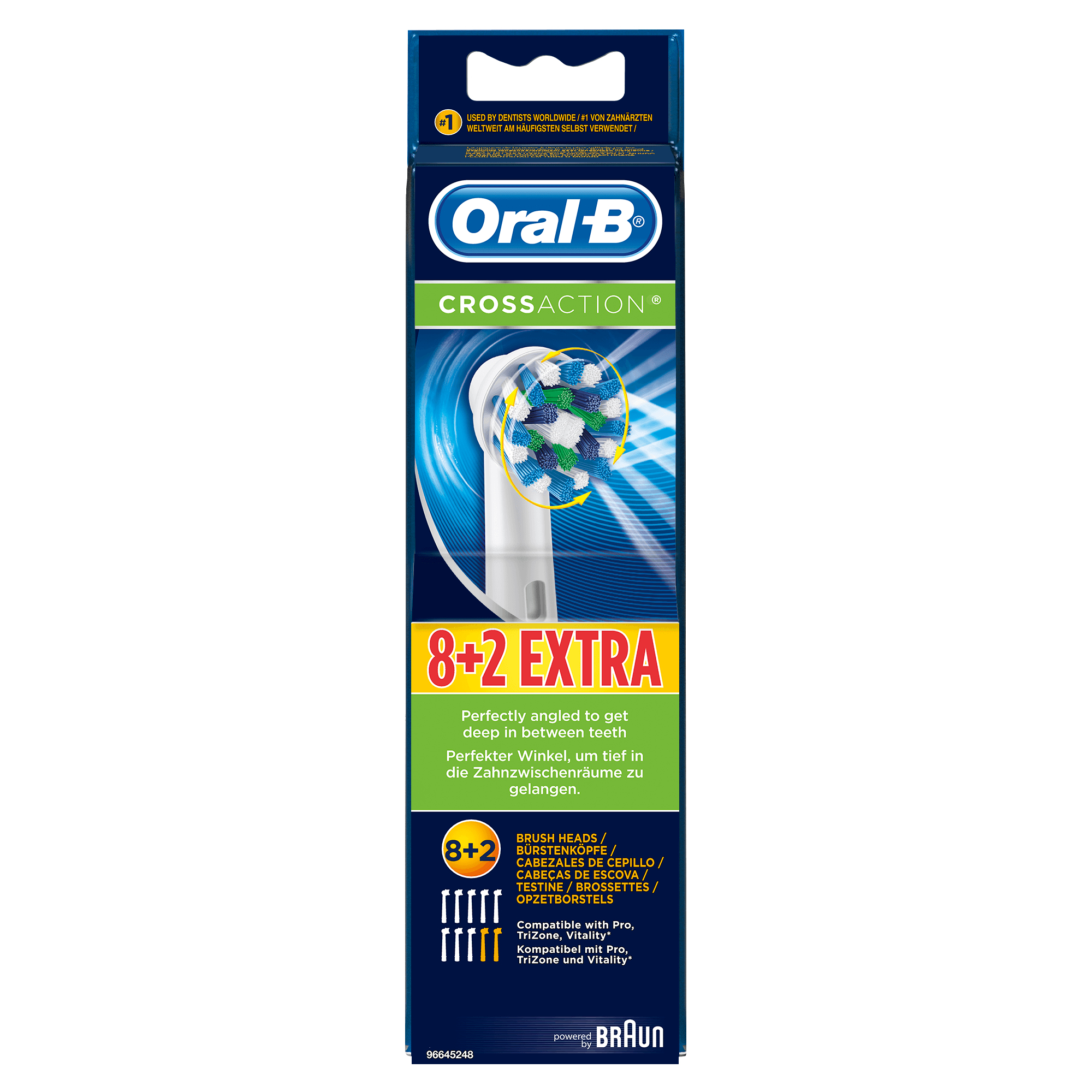Opakowanie głowic do szczoteczki Oral-B CrossAction. Niebieskie, białe i zielone włosie. Tekst: 8+2 Extra.
