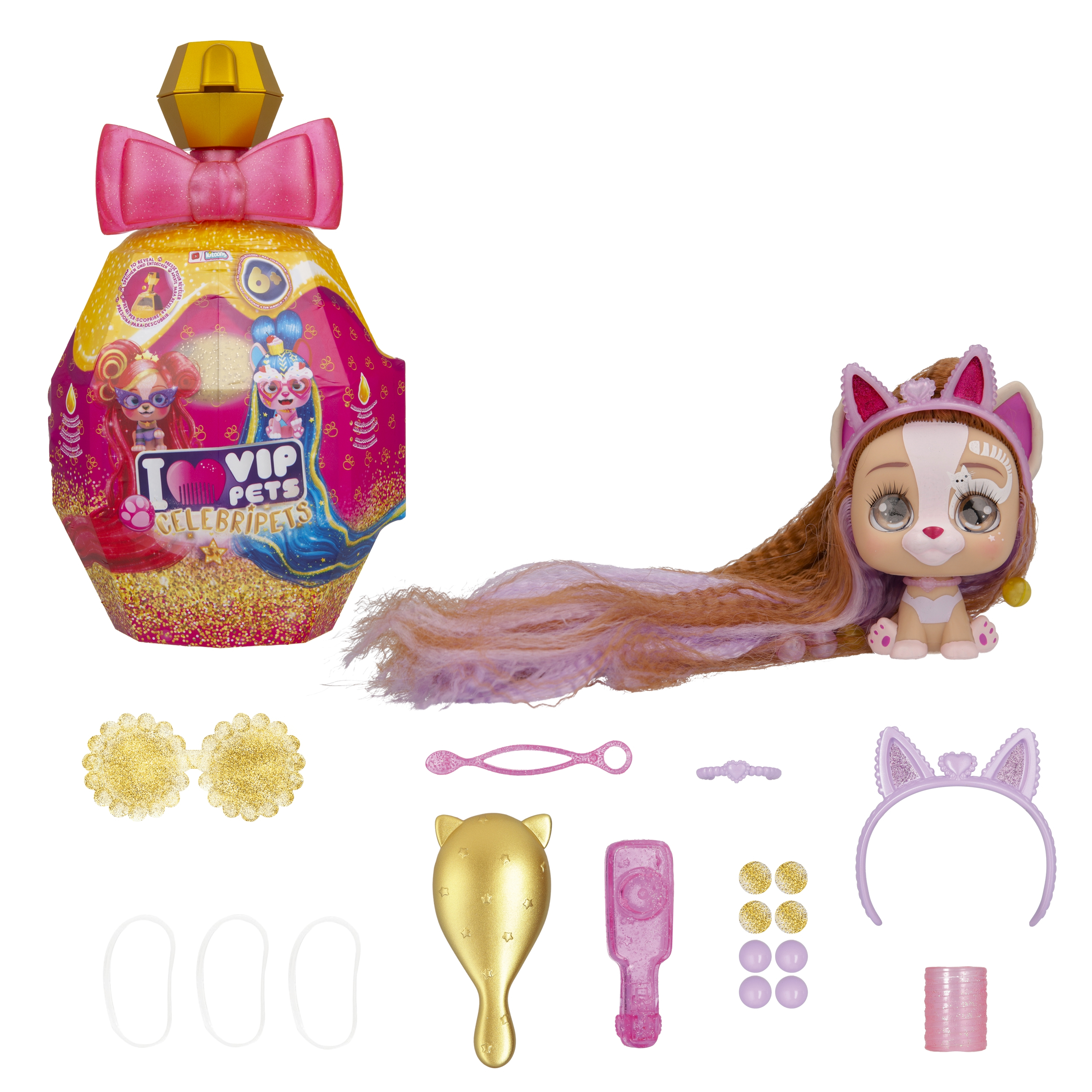 Un set di giocattoli con una bambola, accessori e un contenitore per flaconi di profumo. La bambola ha i capelli lunghi e le orecchie da gatto.