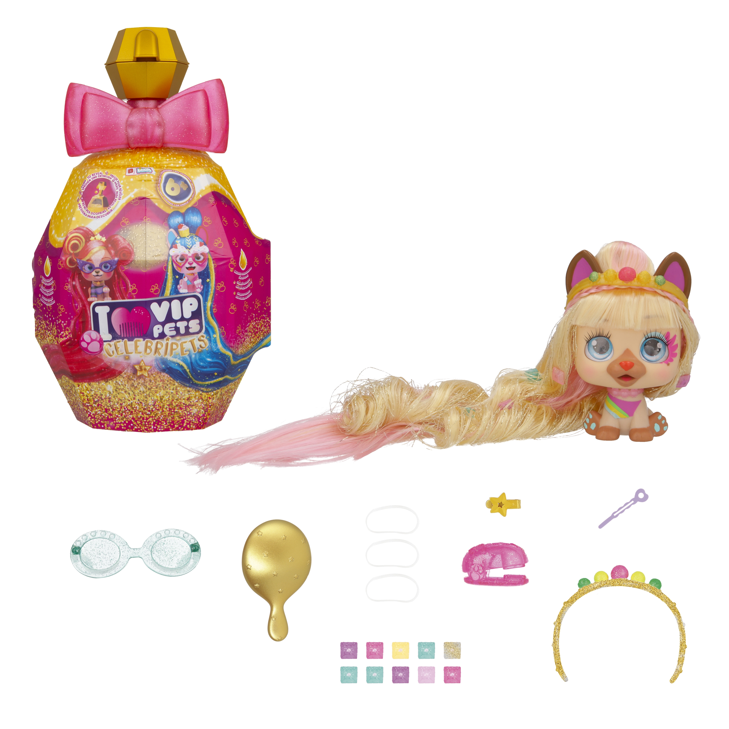 Un set di giocattoli con una bambola, accessori e un contenitore a forma di boccetta di profumo. La bambola ha i capelli lunghi e una corona.