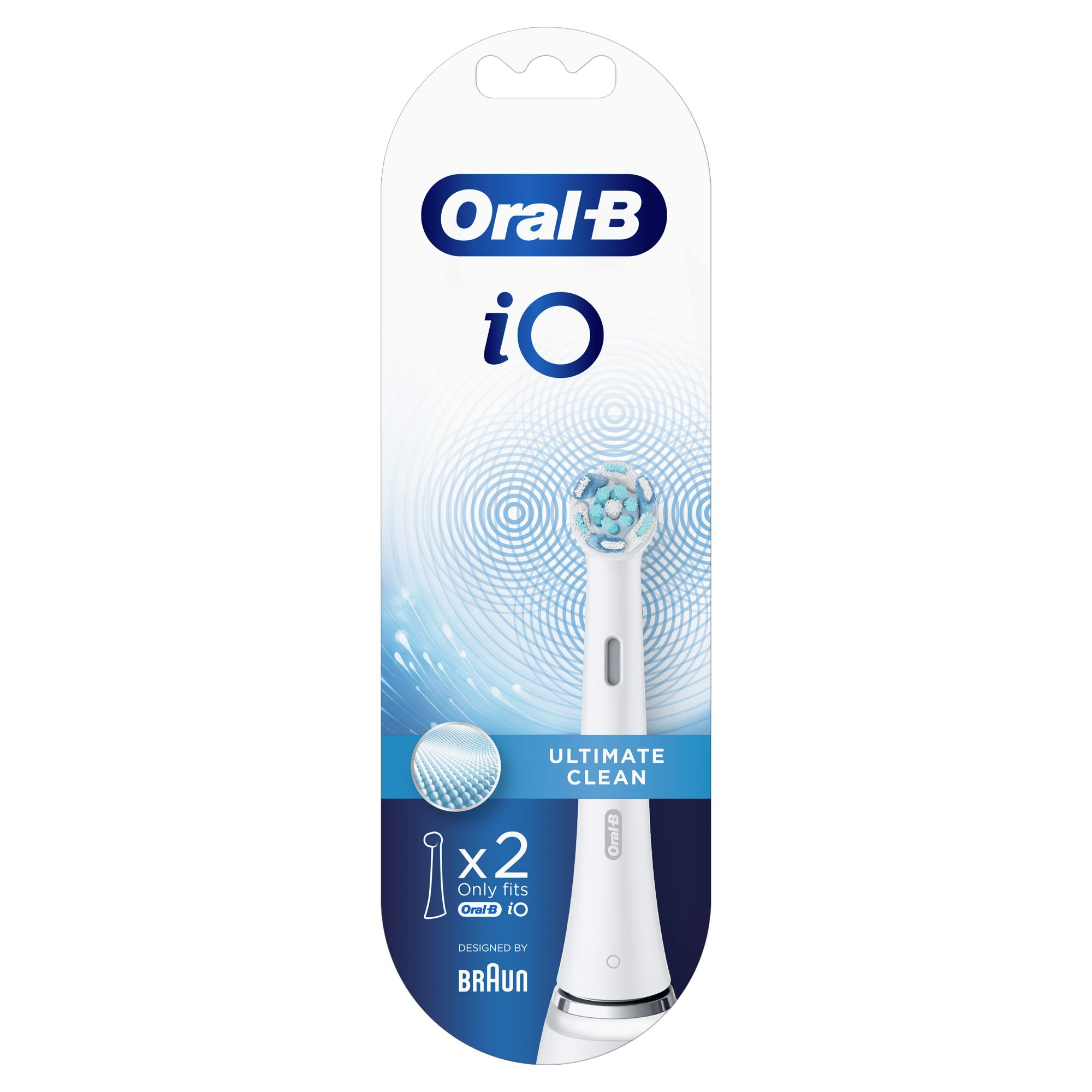Opakowanie do głowic szczoteczki Oral-B iO. Biało-niebieski design z informacjami o produkcie i logo Oral-B.