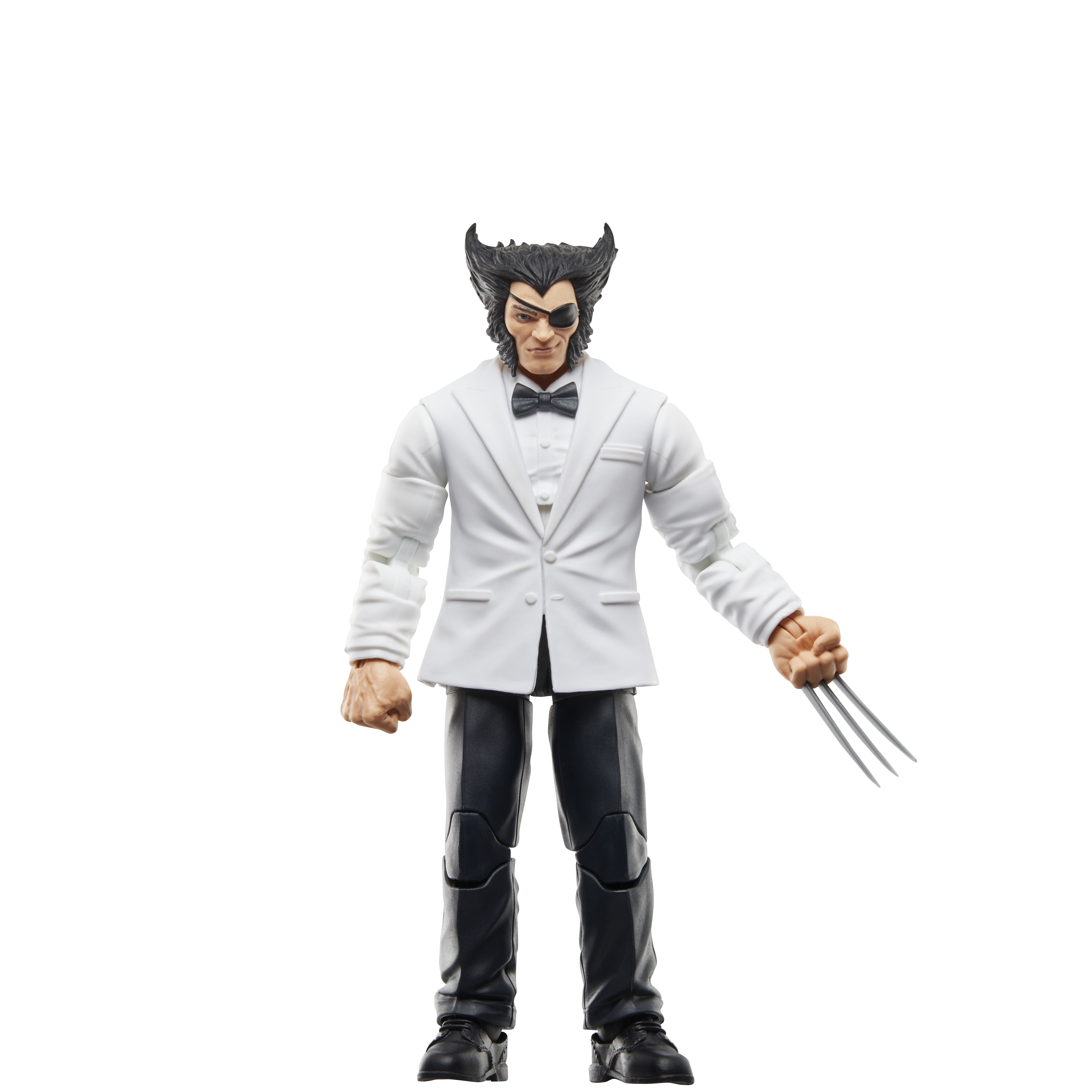 Action figure di Wolverine in abito bianco e pantaloni neri, con artigli estesi. Papillon nero e benda sull'occhio.