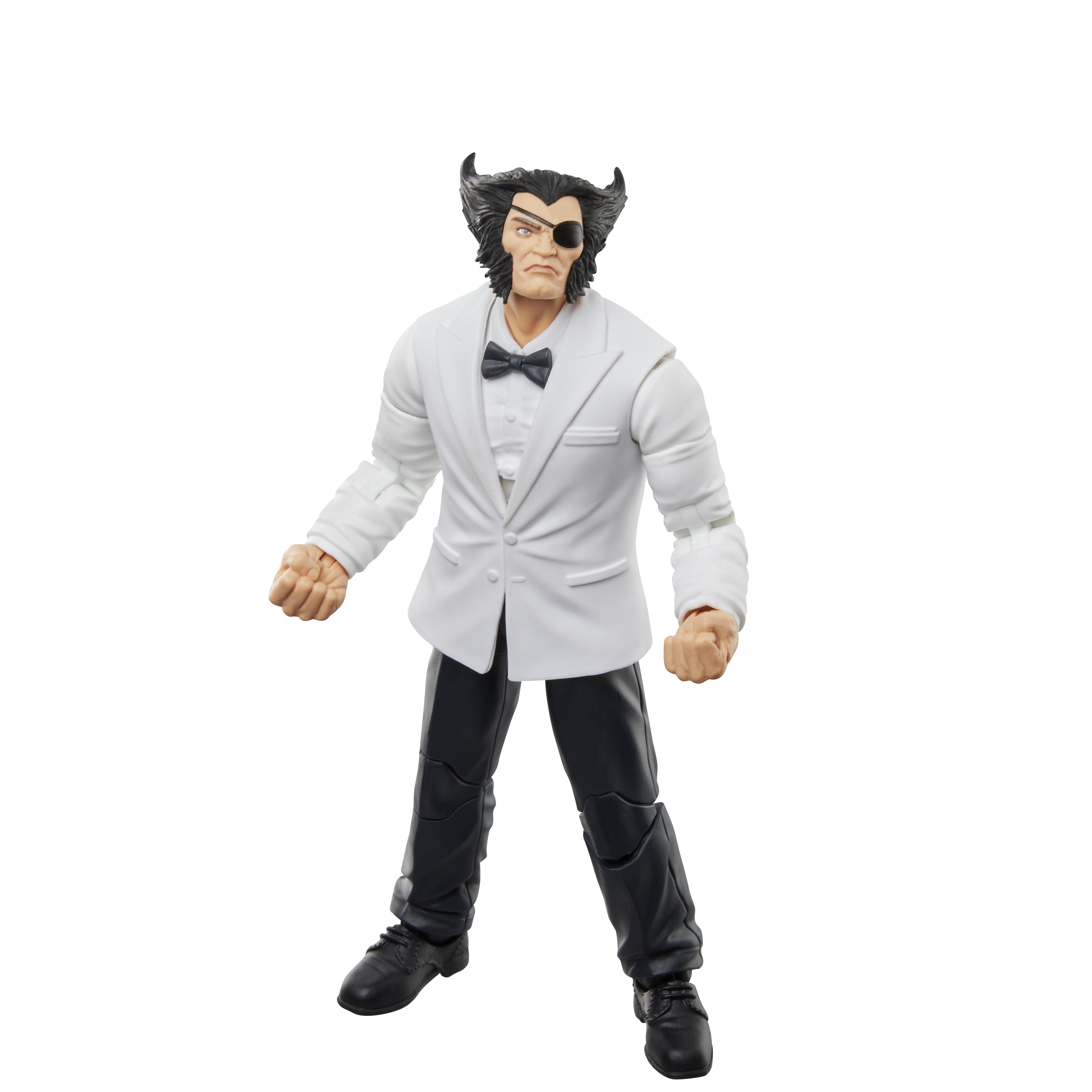 Action figure di Wolverine in abito bianco, pantaloni neri e papillon. Ha una benda sull'occhio e gli artigli non sono visibili.