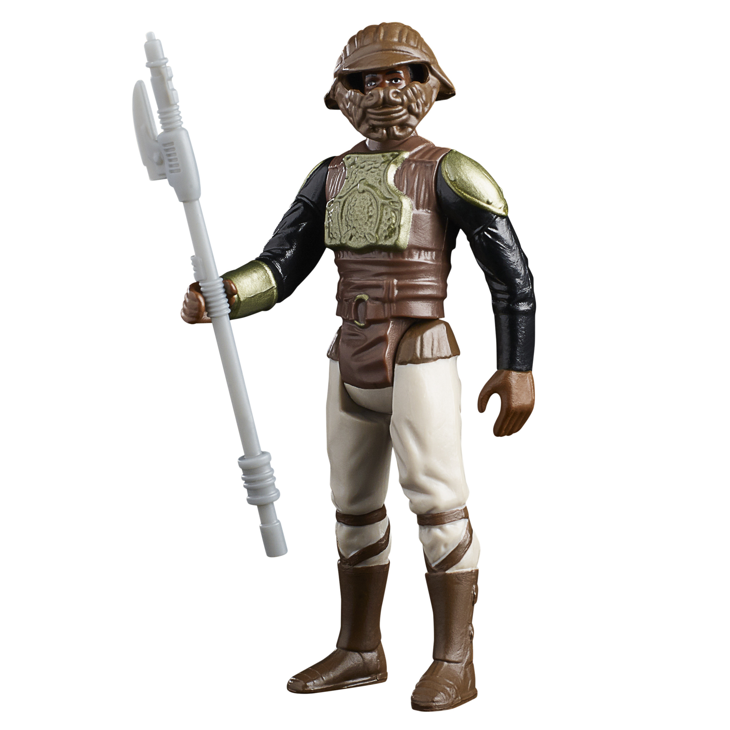 Action figure di un personaggio dalla pelle marrone, con armatura, stivali e un bastone. La figura è su sfondo bianco.