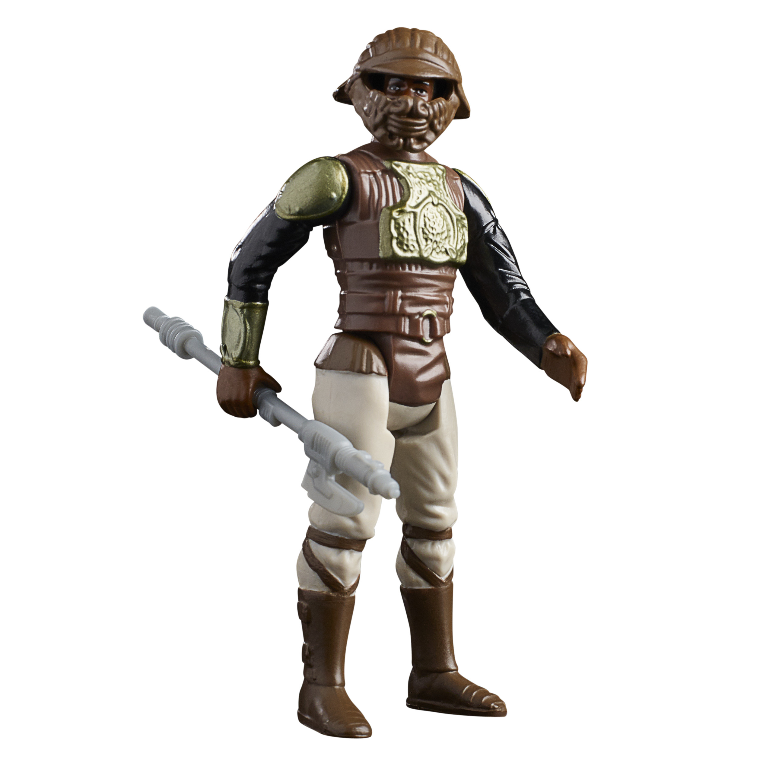 Una action figure con la pelle marrone, elmetto, armatura e bastone. Indossa stivali, pantaloni e un corpetto marroni.