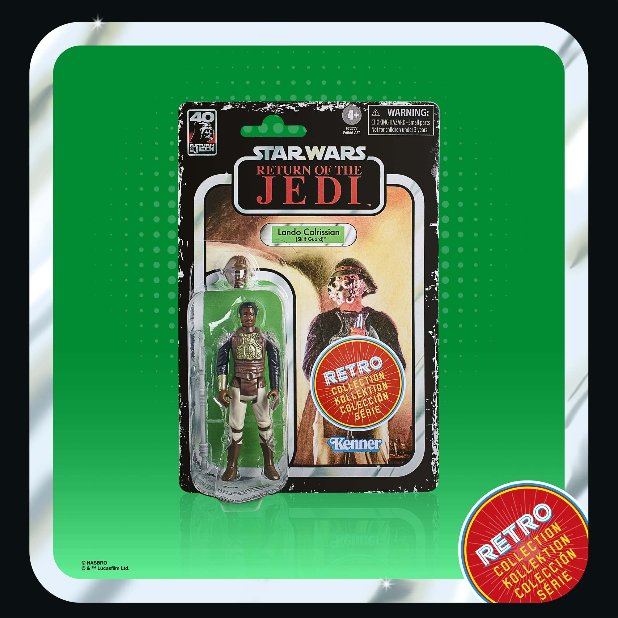 Un personaggio d'azione di Lando Calrissian di Star Wars nella confezione. La confezione dice Il Ritorno dello Jedi e ha un adesivo Retro Collection.