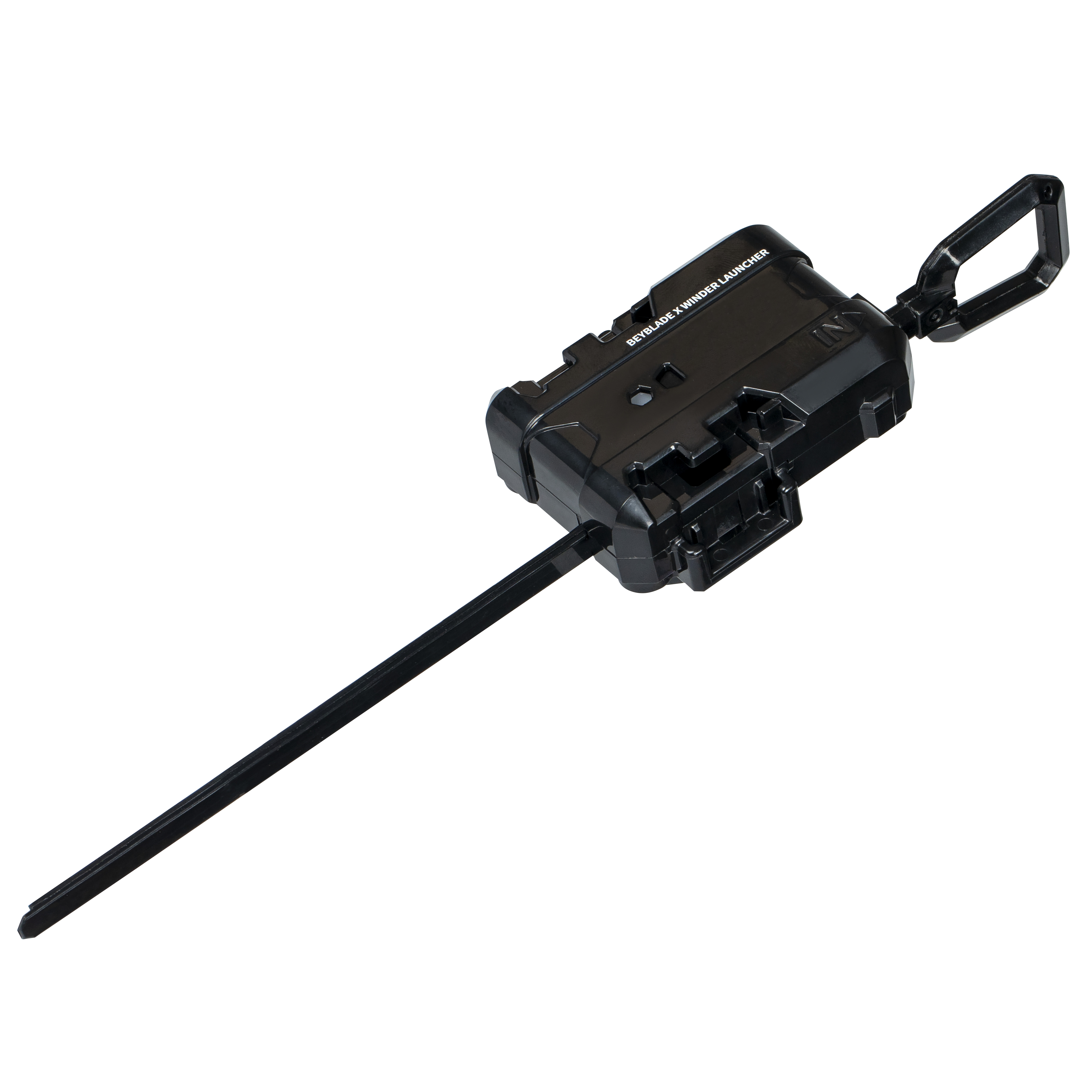 Ein schwarzer Beyblade X Winder-Launcher auf weißem Hintergrund. Er hat einen Griff, eine lange Stange und das Beyblade-Logo.