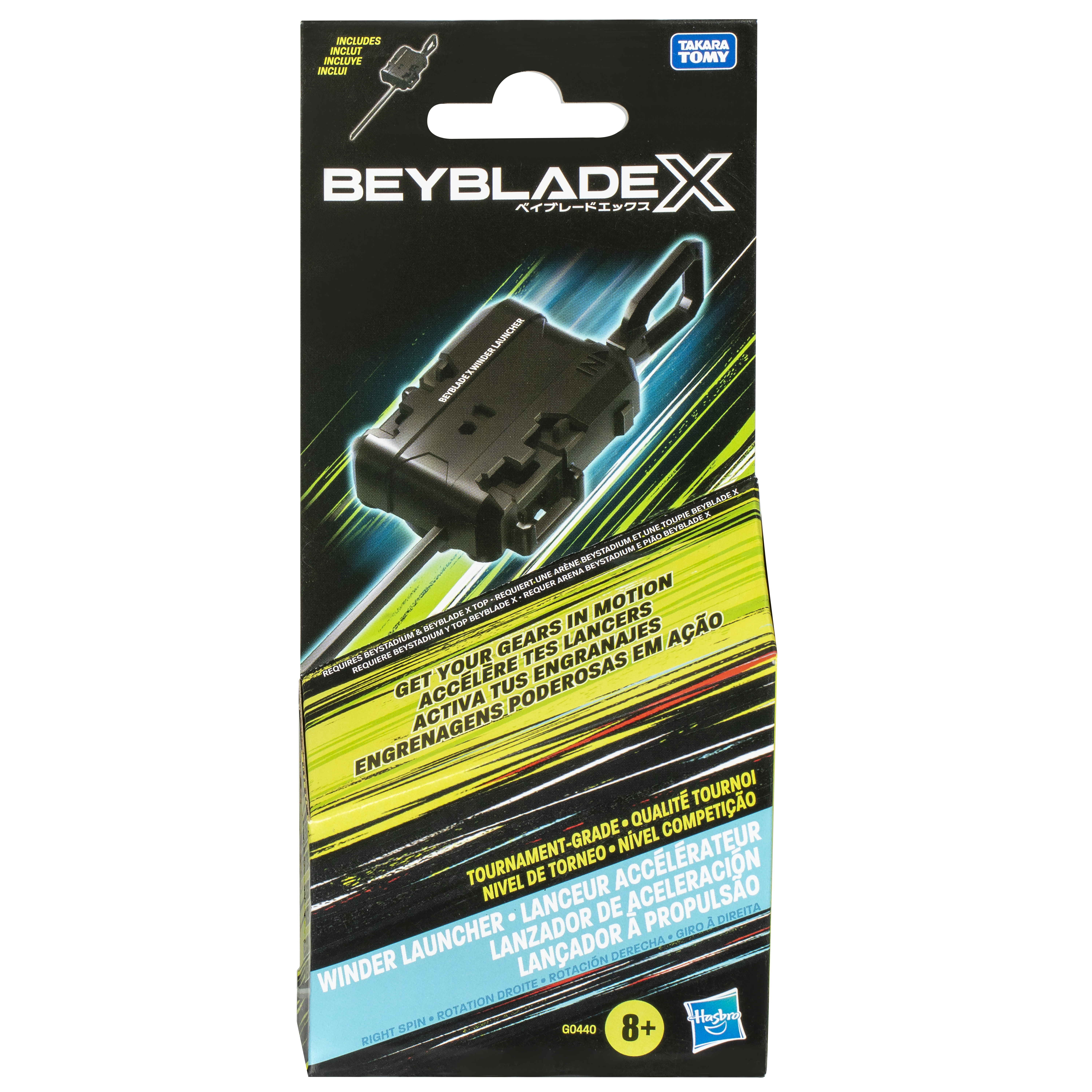 Schachtel mit Beyblade X Winder Launcher, schwarz und grün. Enthält Launcher, ab 8 Jahren.