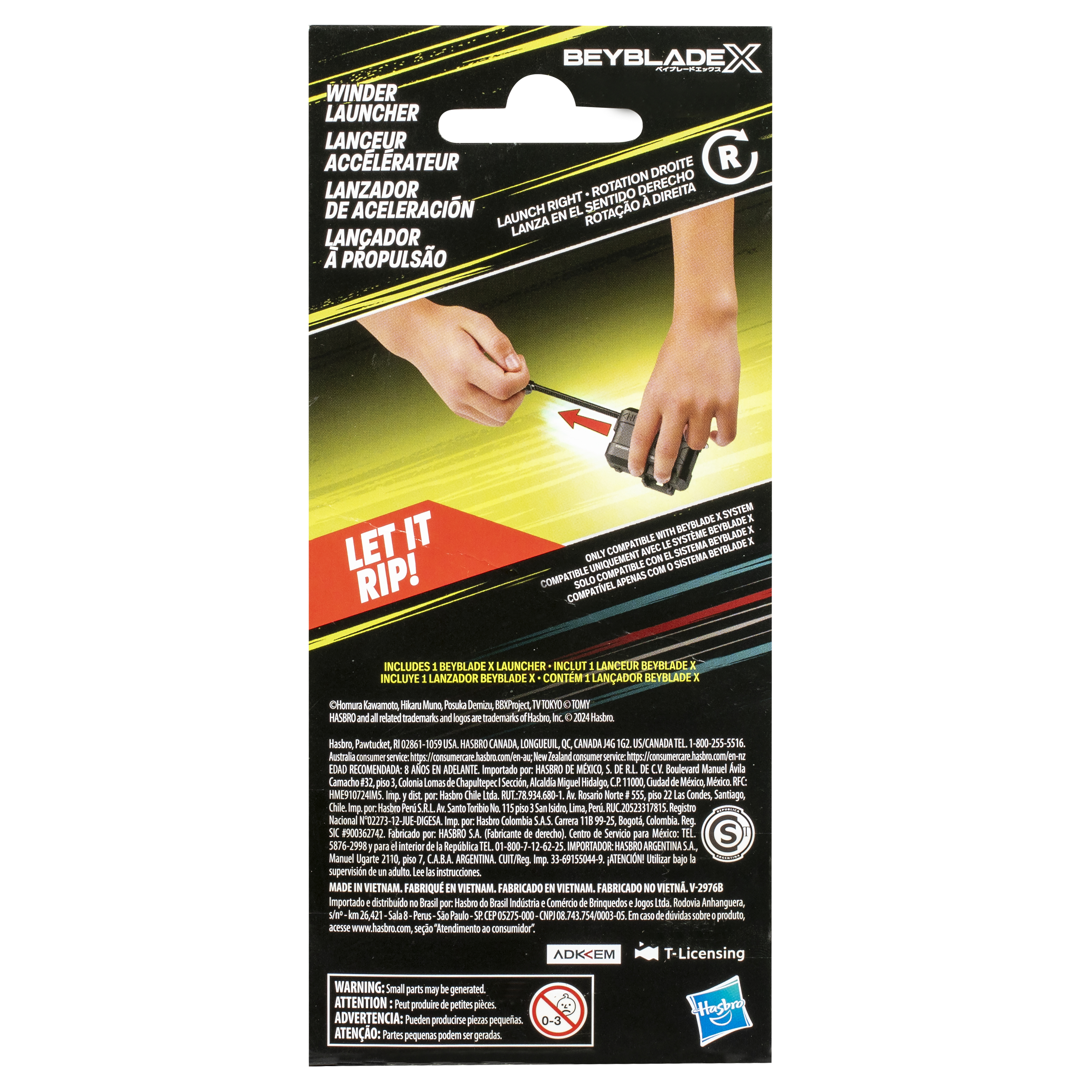 Produktverpackung für Beyblade X. Zeigt einen Werfer und Text in mehreren Sprachen.