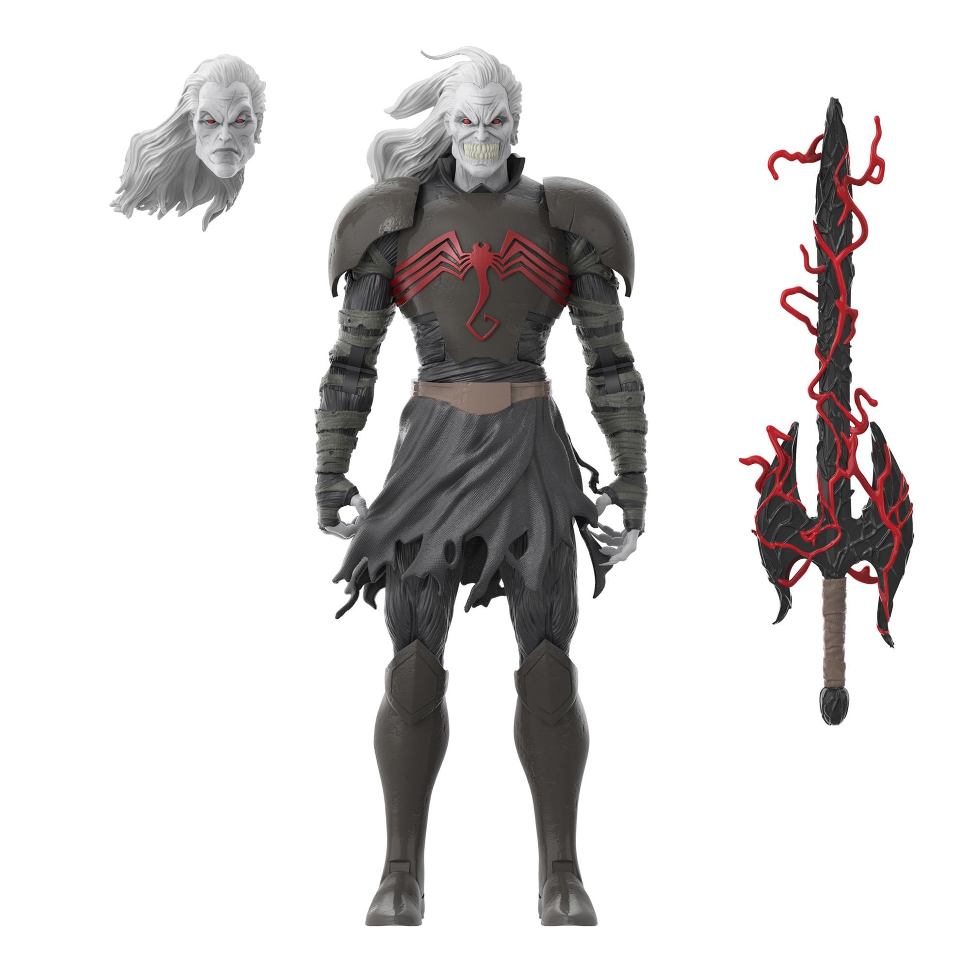 Białowłosy, szkieletowy figurka z czerwonym emblematem na piersi, trzymająca miecz. Dodatkowe części głowy i broni są obecne.