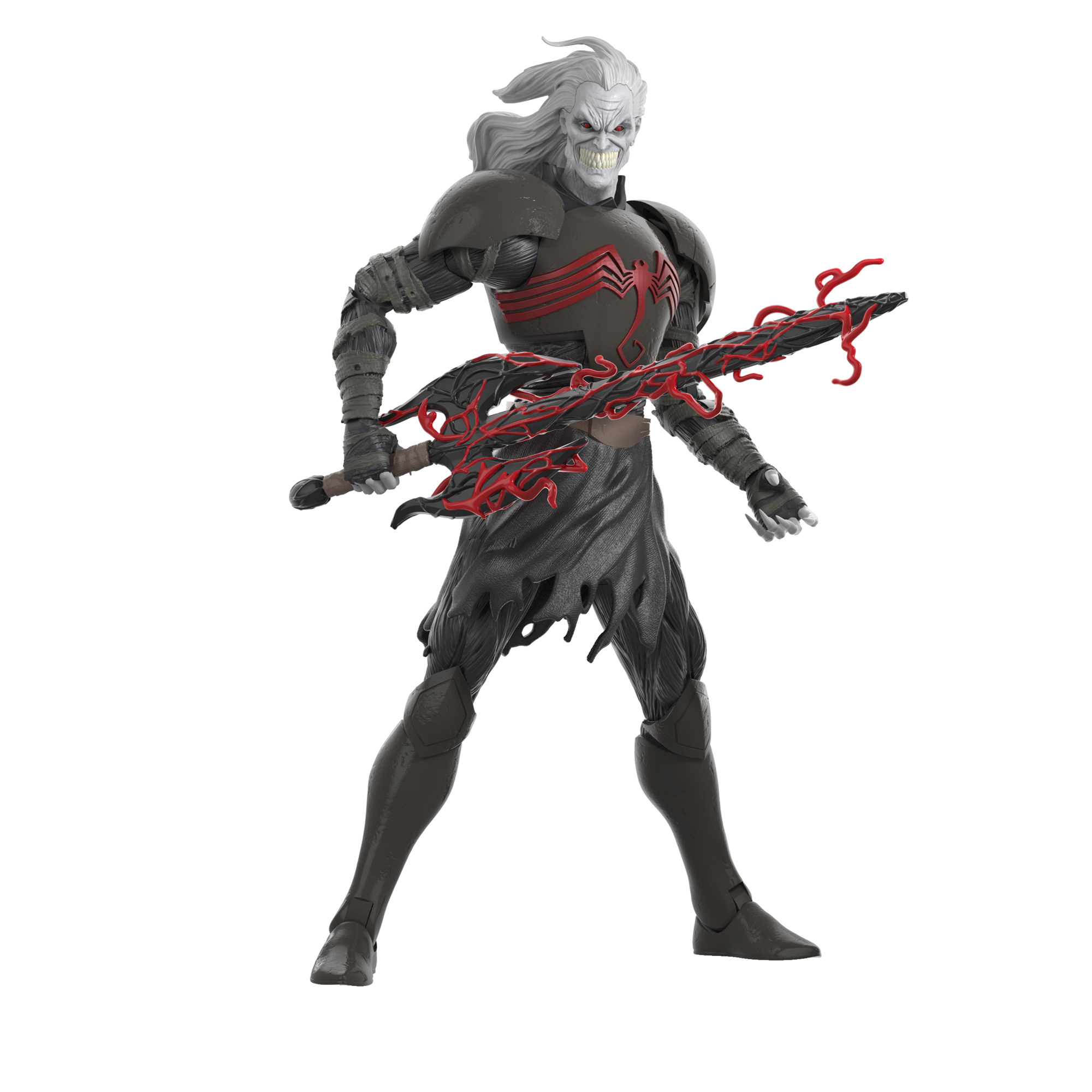 Figura z białymi włosami, czerwonymi oczami i szkieletową twarzą, trzymająca czarno-czerwony miecz, w czarnej zbroi i podartej spódnicy.