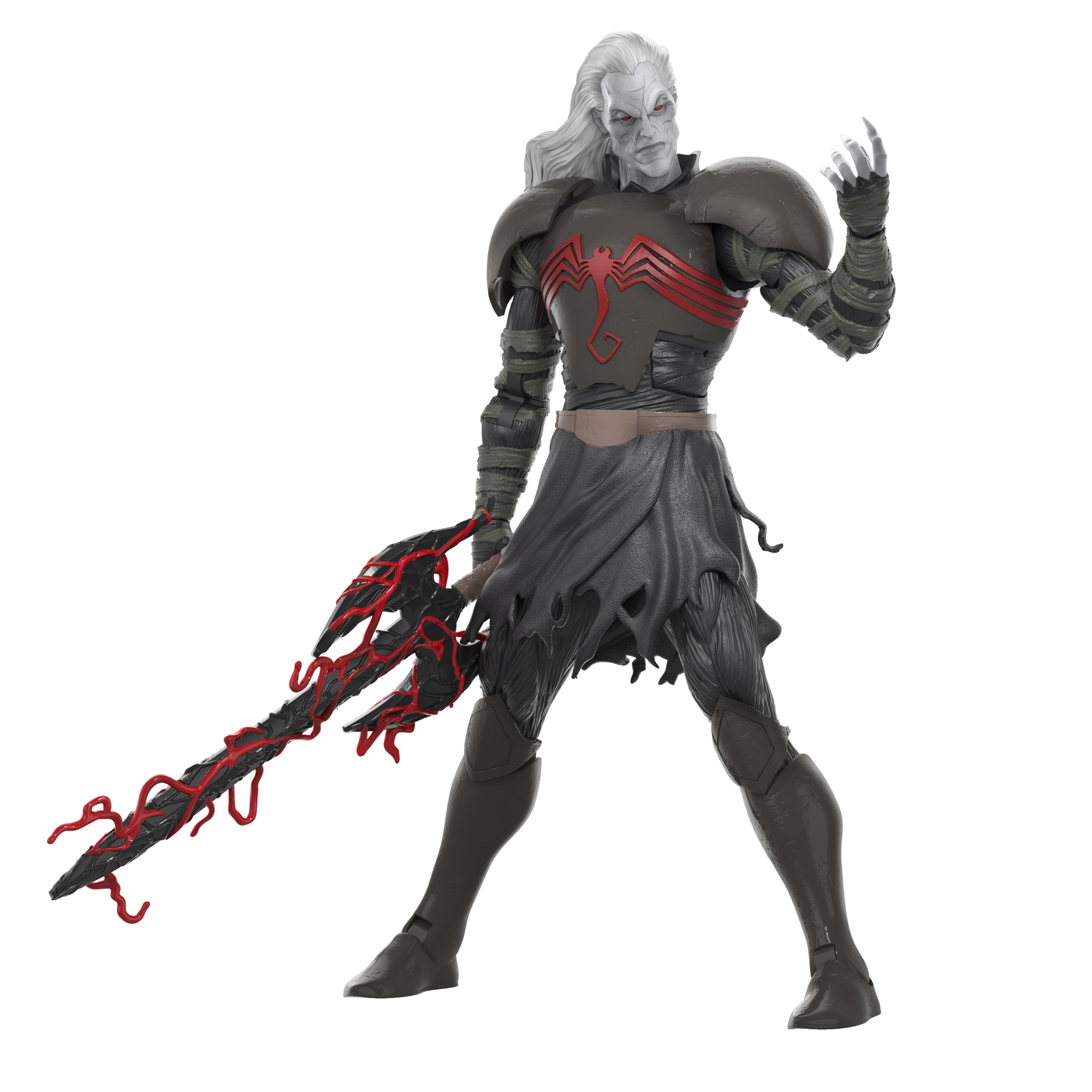 Figura białowłosego mężczyzny w czarnej zbroi z czerwonym symbolem pająka i czerwoną bronią z ostrzem.