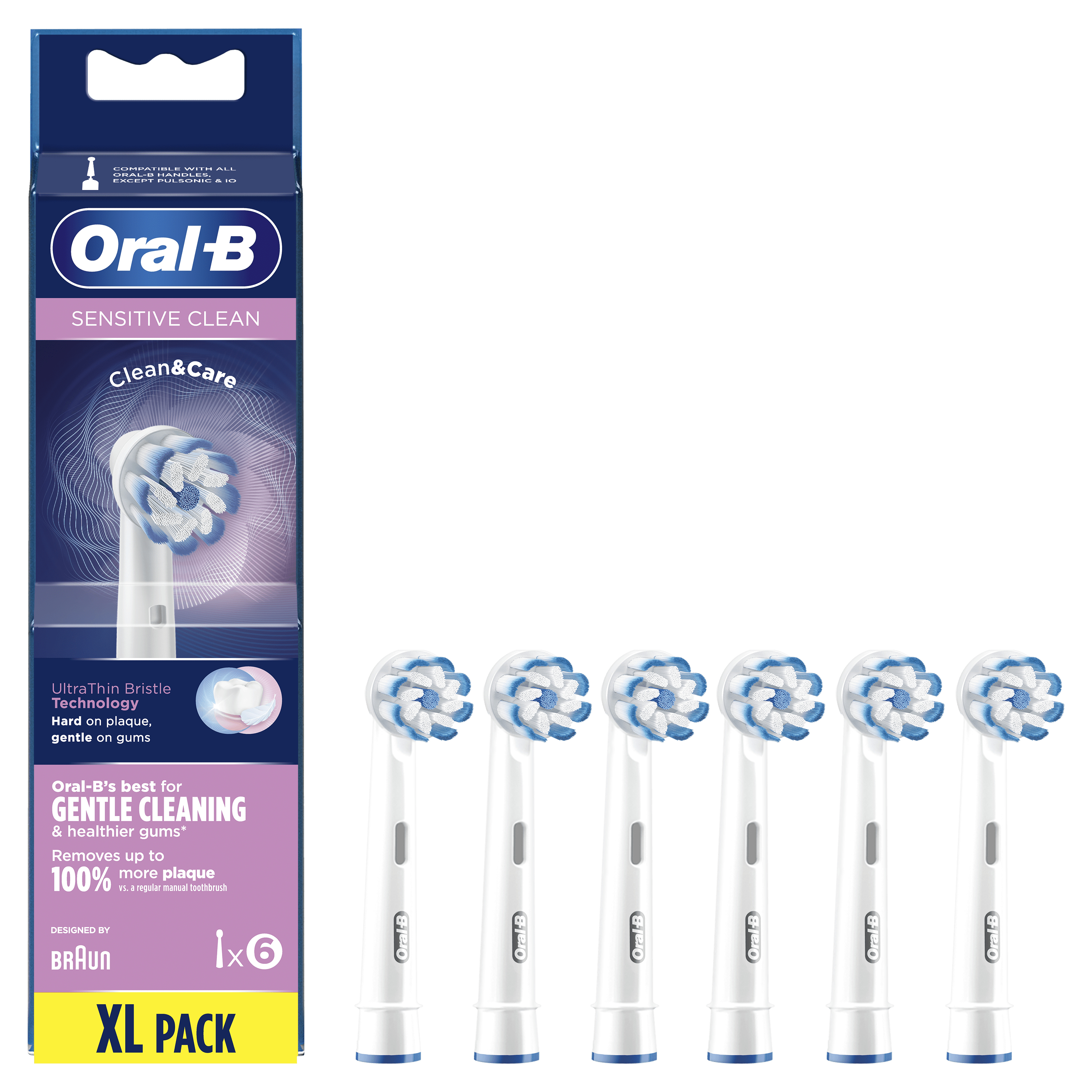 Opakowanie końcówek do szczoteczki Oral-B Sensitive Clean. Białe i niebieskie włosie. Pudełko wyświetla główkę.