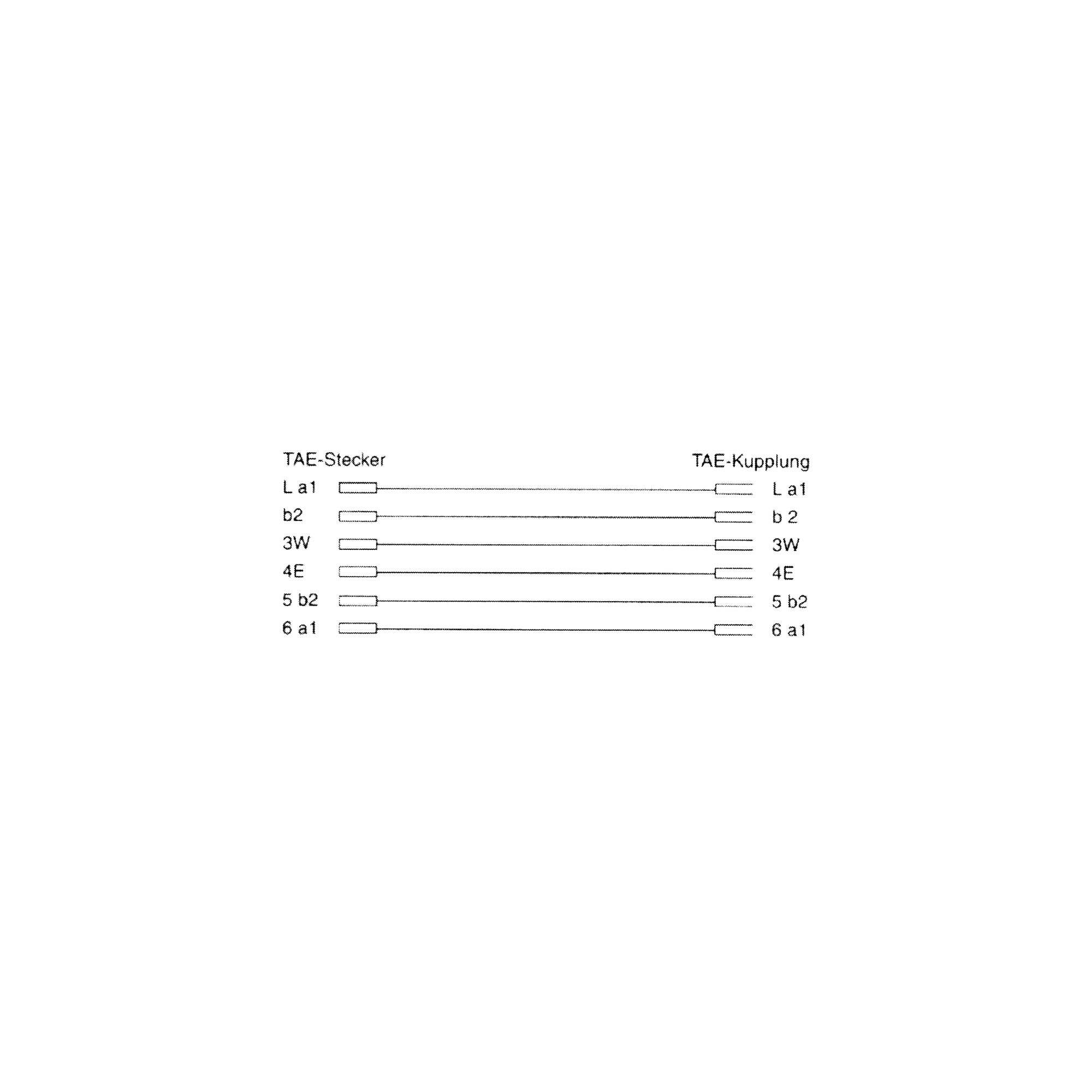Diagramm mit TAE-Stecker und TAE-Kupplung, mit beschrifteten Linien, die Punkte verbinden.
