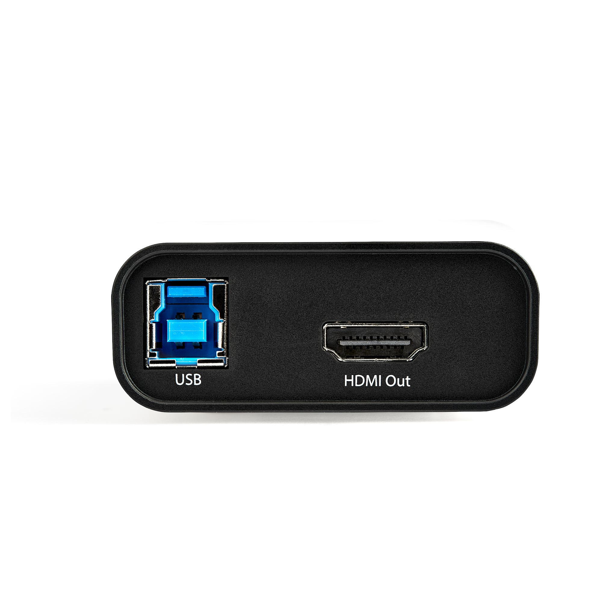 Dispositivo negro con puertos USB y HDMI. Puerto USB con interior azul. Puerto HDMI etiquetado 'HDMI Out'.