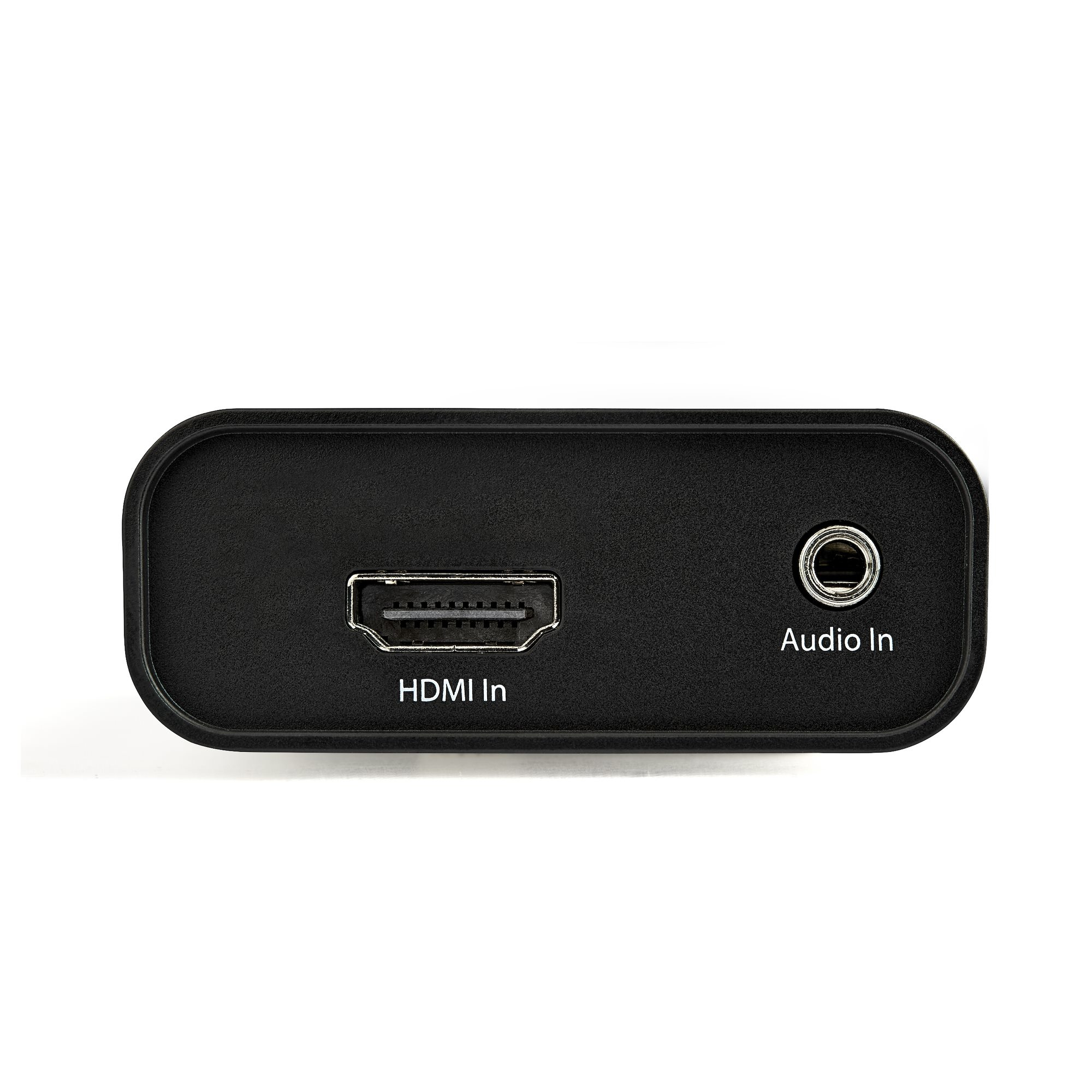 Dispositivo rectangular negro con puertos HDMI In y Audio In, sobre fondo blanco.