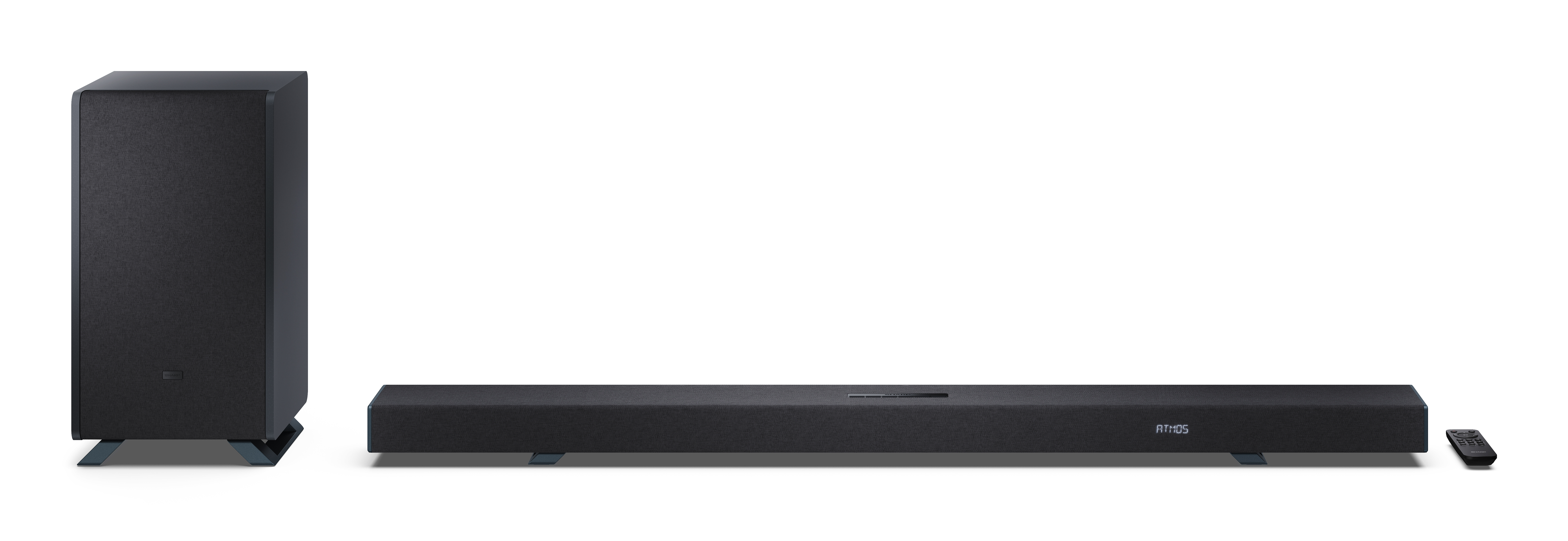 Ein Soundbar-System mit Subwoofer und Fernbedienung. Auf der Soundbar steht 'ATMOS'. Alle Komponenten sind dunkelgrau.