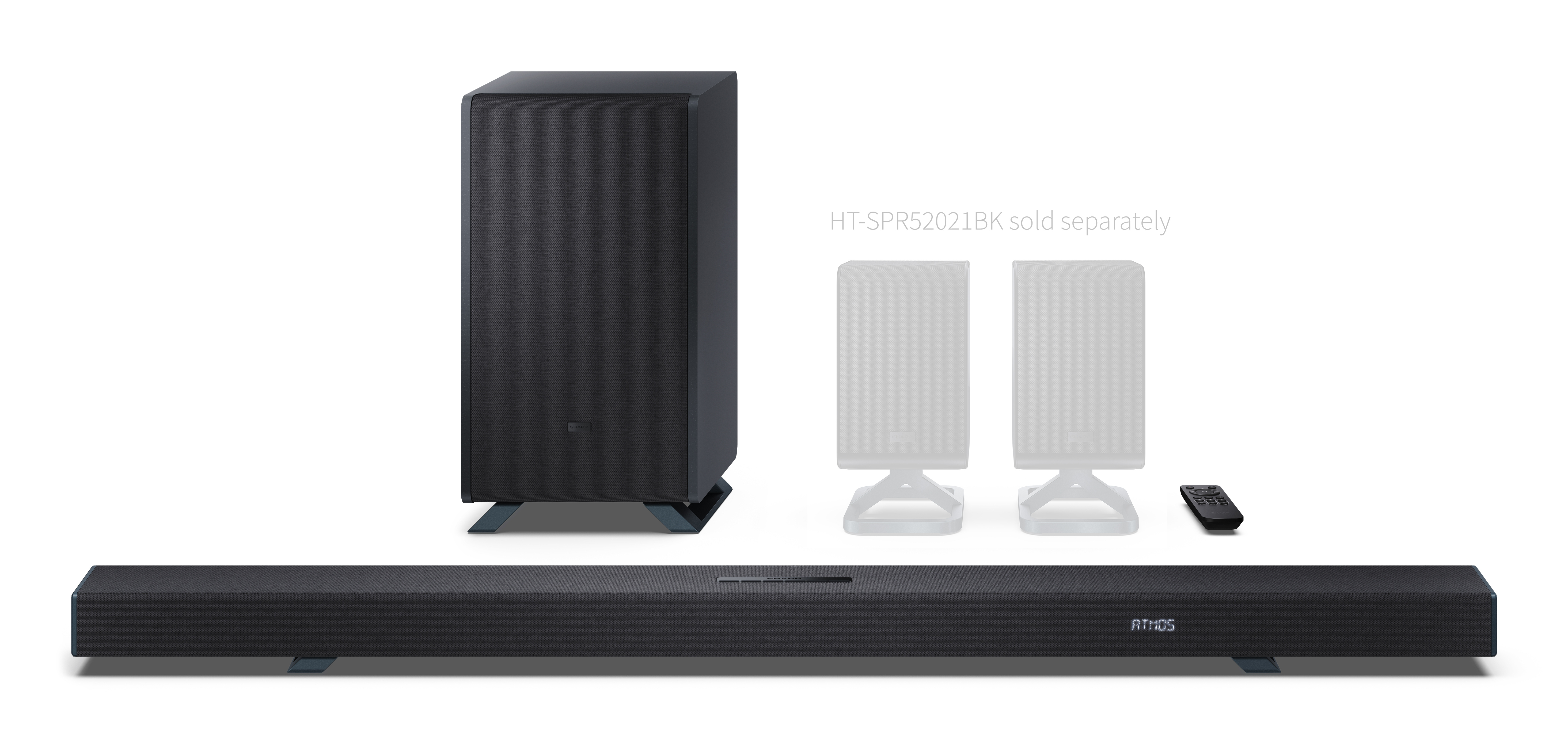 Ein Soundsystem mit Subwoofer, Soundbar, zwei Lautsprechern (separat erhältlich) und Fernbedienung, alles vor weißem Hintergrund.