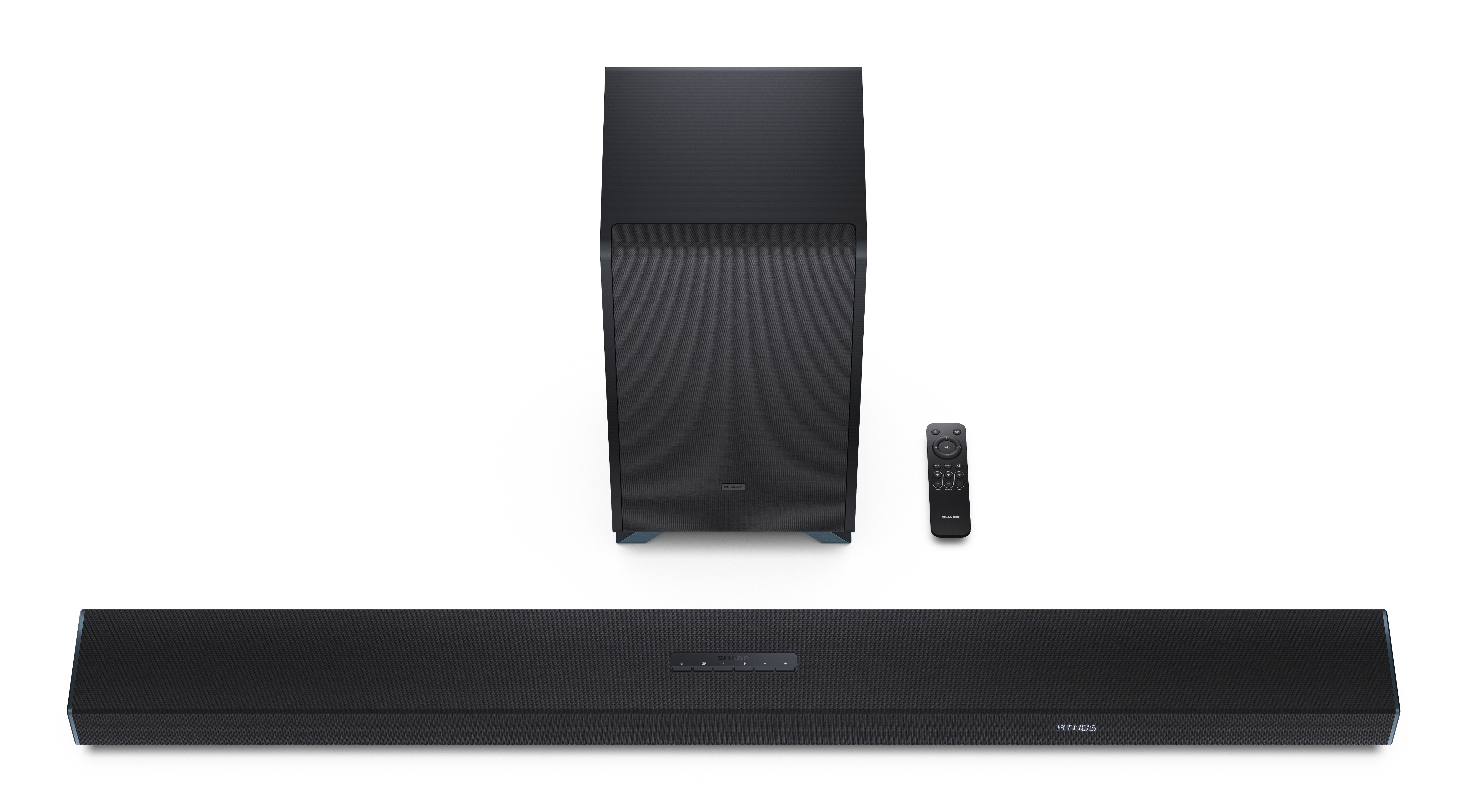 Auf weißem Hintergrund befinden sich eine schwarze Soundbar, ein Subwoofer und eine Fernbedienung. Die Soundbar trägt die Aufschrift 'ATMOS'.
