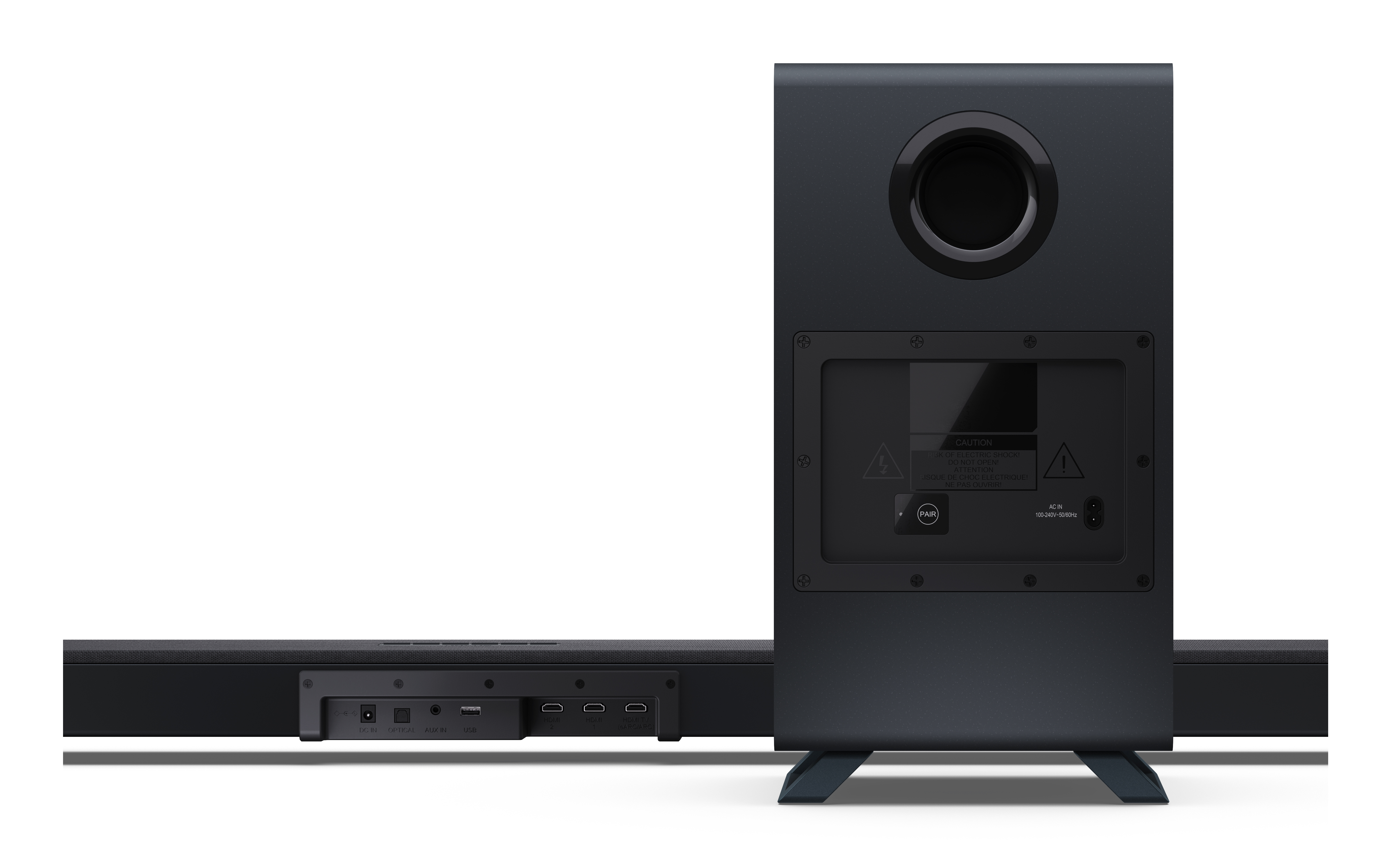 Soundbar und Subwoofer auf weißem Hintergrund. Der Subwoofer ist schwarz mit großem kreisförmigem Port.