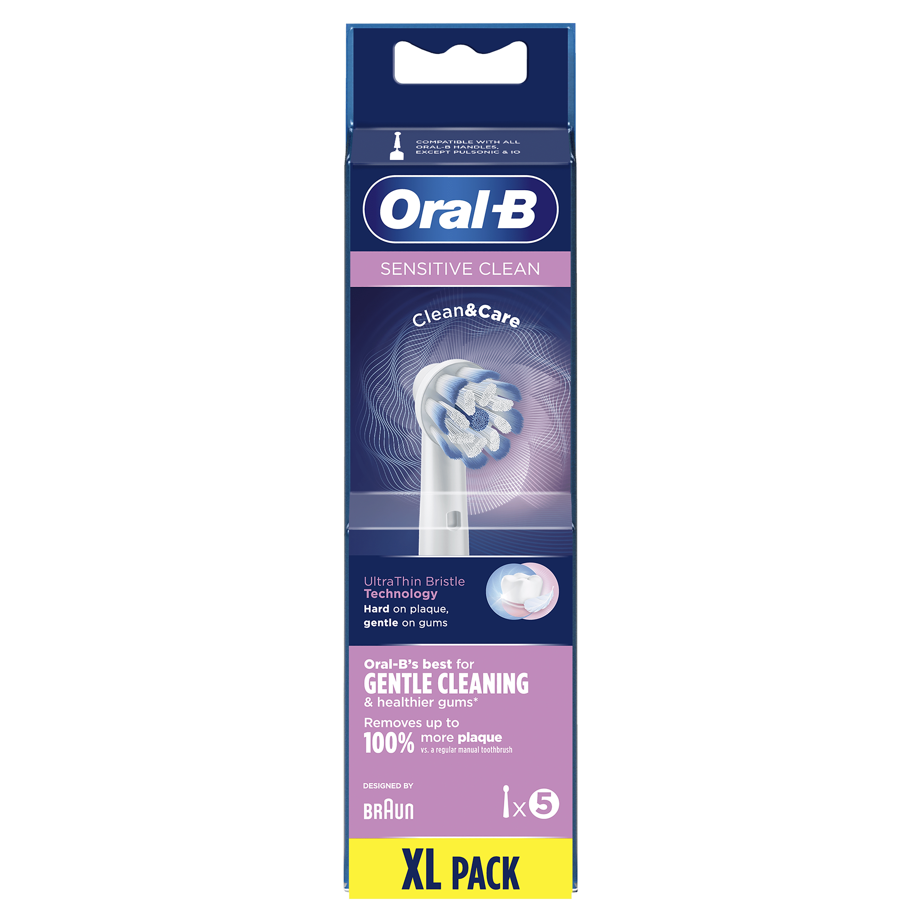 Oral-B Sensitive Clean Zahnbürstenköpfe-Packung. Blaue und weiße Farben. Enthält Text und eine Zahnbürstenkopf-Grafik.