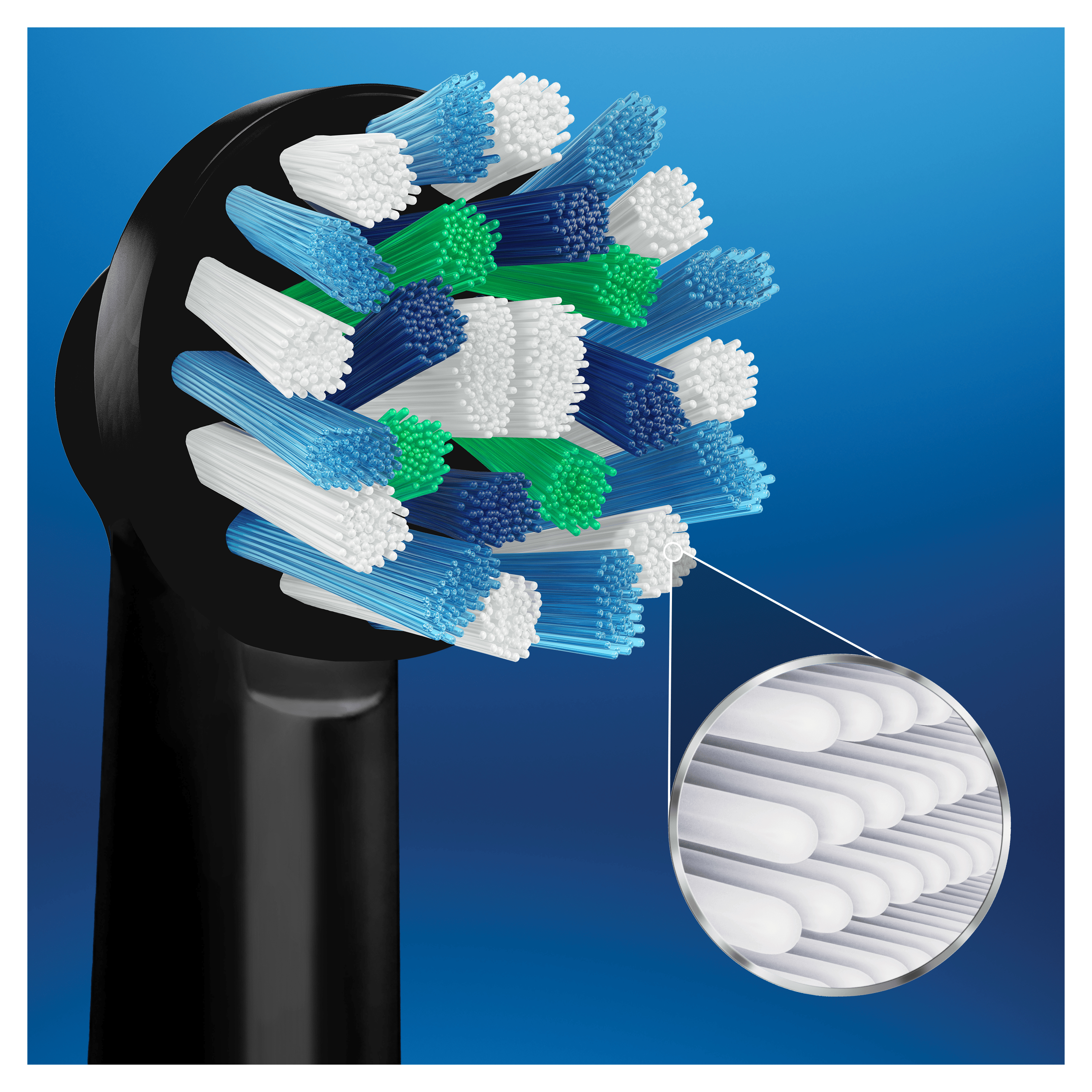 Zbliżenie czarnej główki szczoteczki do zębów z kolorowym włosiem: białym, niebieskim, zielonym. Pokazano szczegółowy widok włosia.