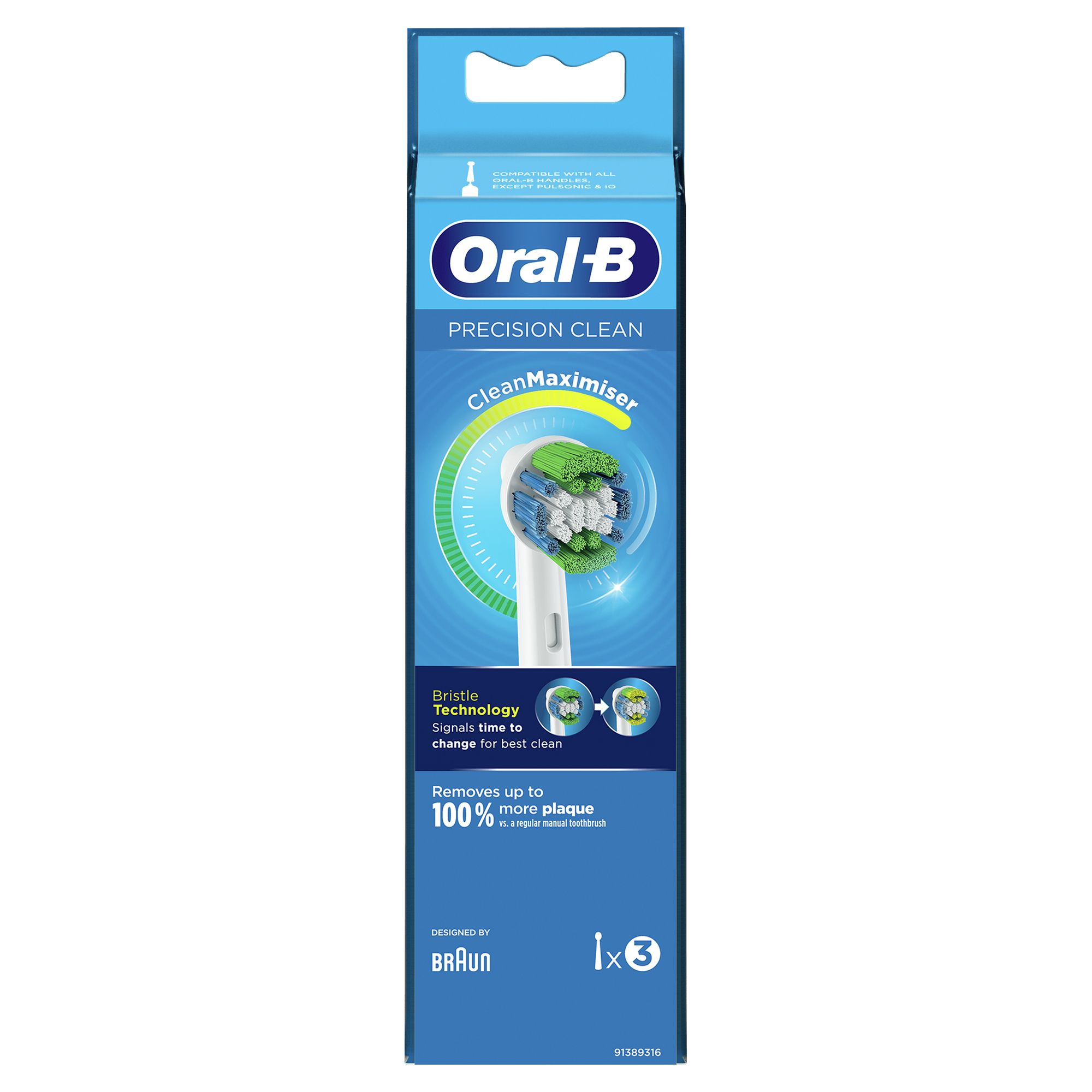Paquete de cabezal de cepillo de dientes Oral-B Precision Clean. Azul y blanco, con cerdas verdes. Texto incluye 'CleanMaximiser' y '100% más placa'.