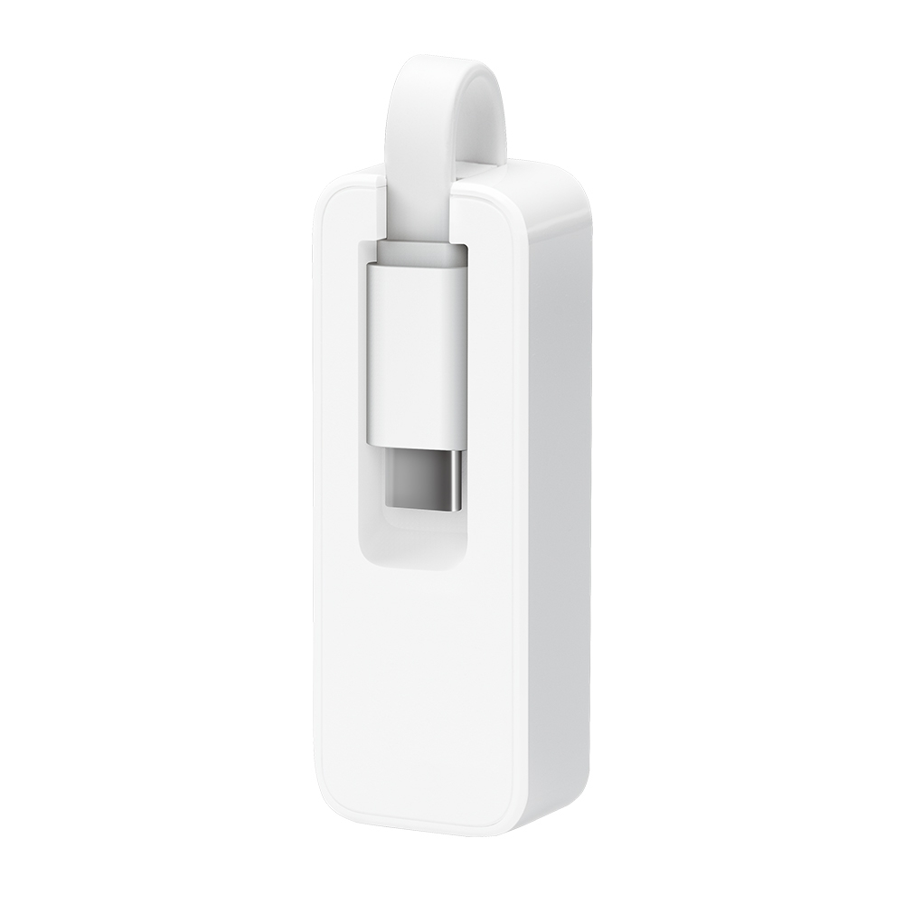 Ein weißer USB-C-Ladeadapter mit Schlaufengriff wird vor weißem Hintergrund angezeigt.