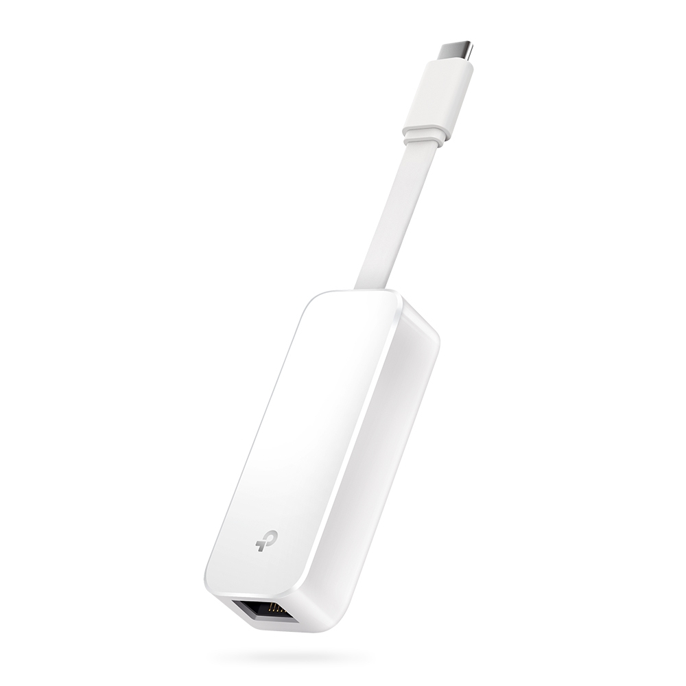 Ein weißer TP-Link USB-C-zu-Ethernet-Adapter. Er hat einen USB-C-Anschluss, ein Kabel und einen Ethernet-Anschluss.
